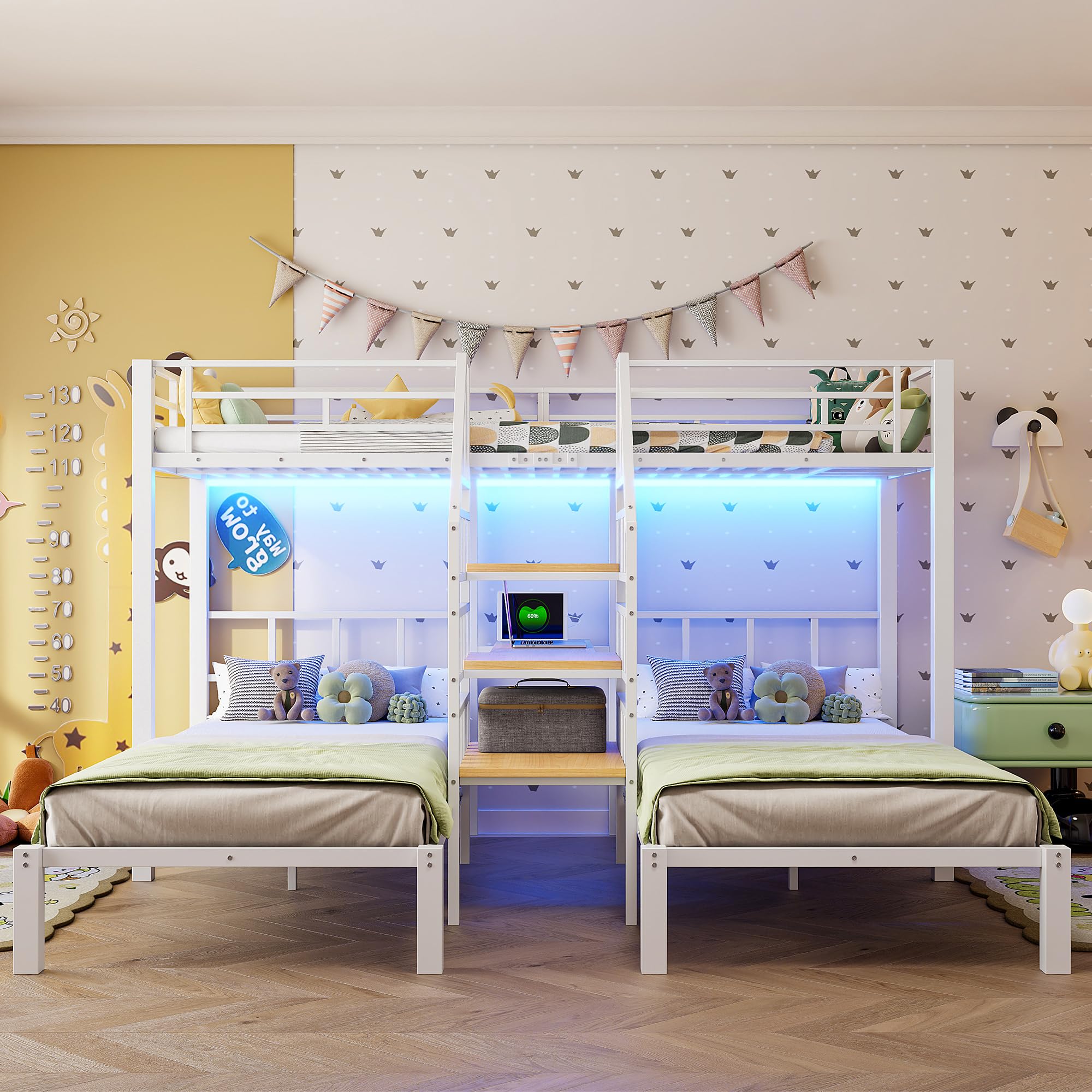 Łóżko piętrowe, 90 x 200 cm, 3 łóżka, z listwą świetlną LED, zintegrowana drabina z miejscem do przechowywania, z 2 portami USB + 1 gniazdkiem, z biurkiem, z regałem, bez materaca, białe
