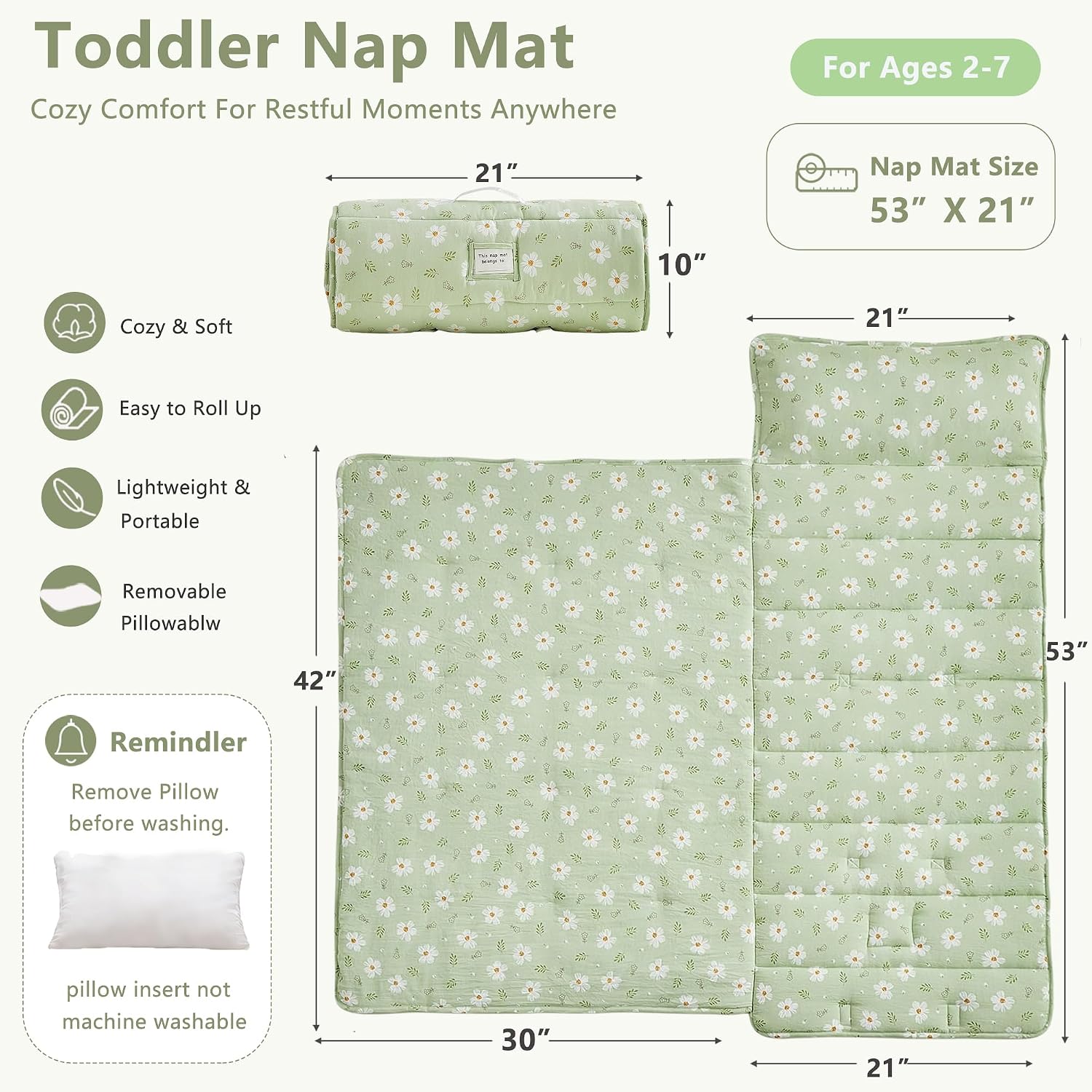 Toddler Nap Mat with Removable Pillow,Ultra Soft Slumber Bags for Girls,Kids Sleeping Bags with Roll Up Design, Perfect for Preschool,Daycare,Kindergarten