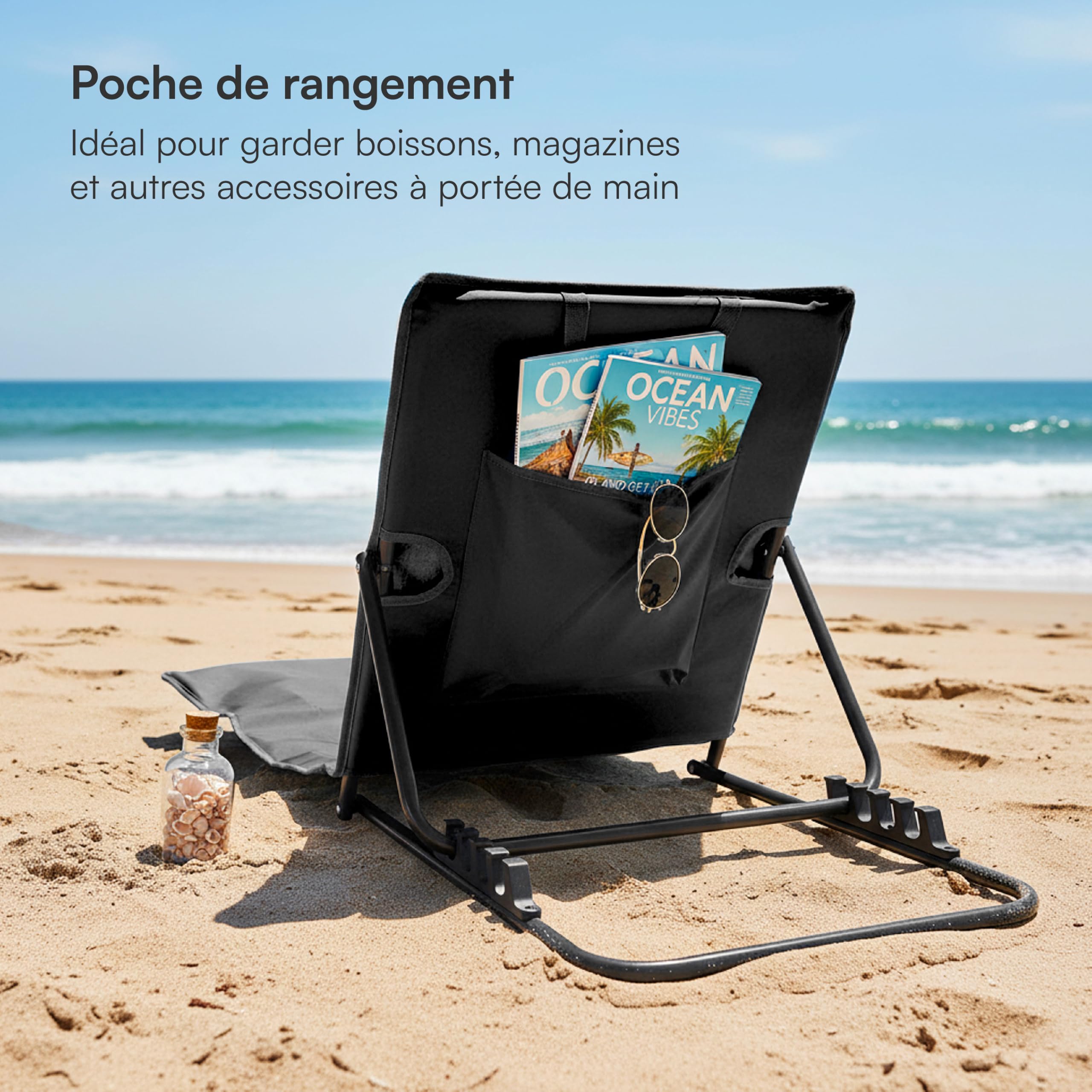 Baroni Home Set de 2 Chaises Longues Pliables de Plage avec Coussin Rembourré, Dossier Inclinable, Poche de Rangement, Transat Portable pour Mer, Piscine, Camping, 48x150x52 cm Noir