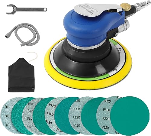 Lijadora orbital aleatoria con manguera y bolsa para el polvo, lijadora de palma neumática con 10 papeles de lija para trabajo de carrocería de
