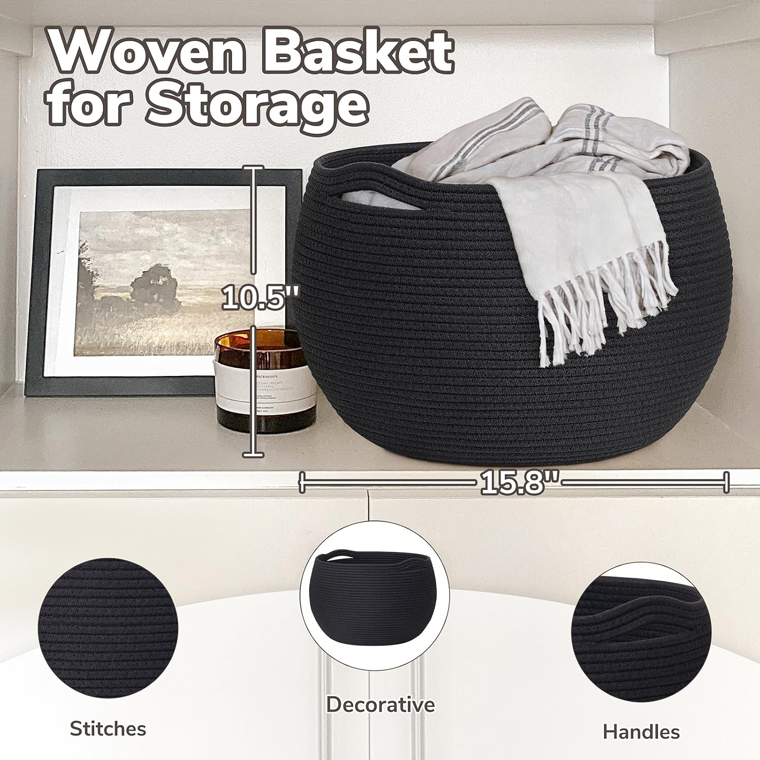 Goodpick Large Toy Storage for Kids, Black Baby Basket for Baby Shower, Decorative Woven Rope Basket for Nursery Living Room, 15.7"D x 10.5"H