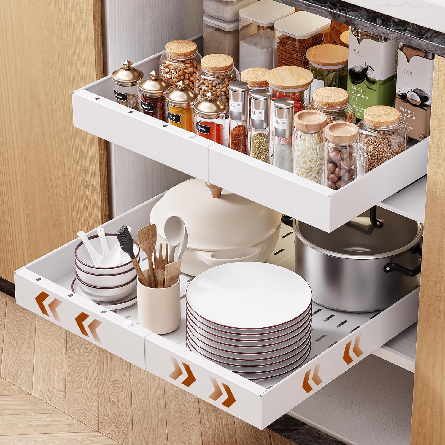 Bandejas Extraibles Armarios Cocina，Paquete de 2 Cajones Extraibles para Cocina， Bandeja Armario Telescópico Adhesivos，Cajones Deslizables y Estantes para la Despensa, Ancho Ajustable de 43.5 a 68 CM