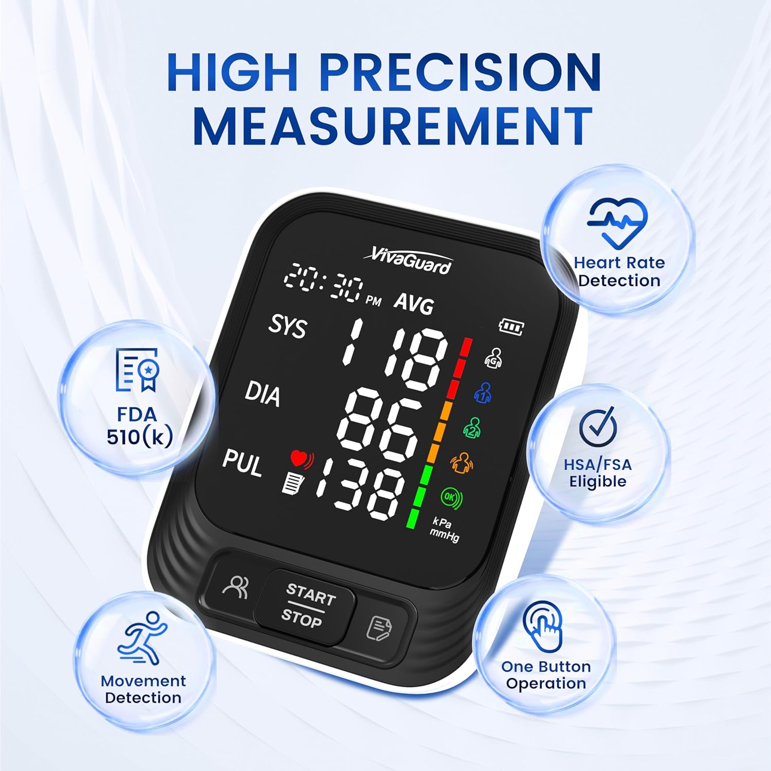 VivaGuard Blood Pressure Monitor for Home Use, Upper Arm Blood Pressure Cuff (8.7" - 16.5"), Automatic Digital BP Machine with Large LCD Backlit Display, 2 x 199 Memory, Carrying Case and Power Supply