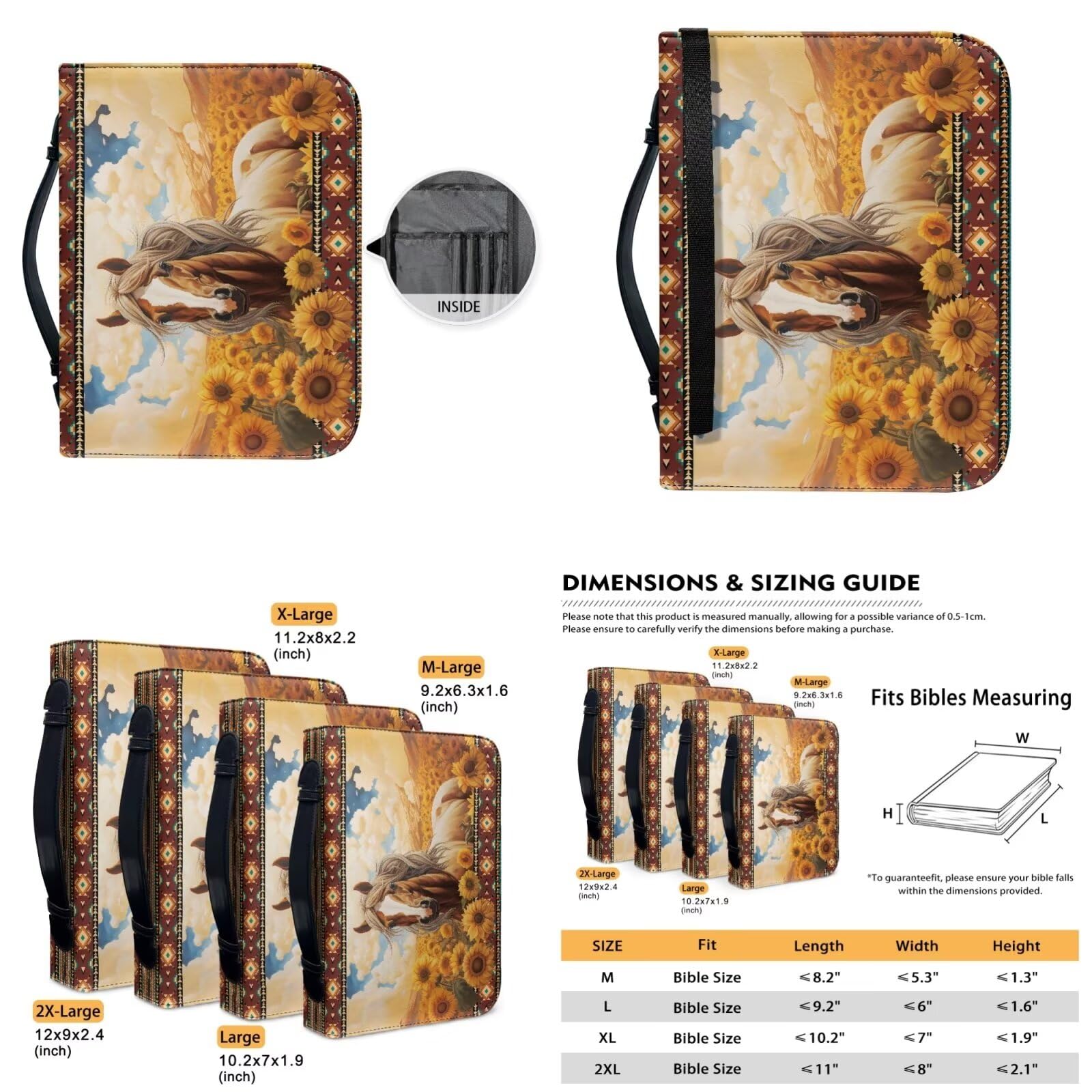 COEQINE Lot de 7 housses de protection en cuir pour femme avec poignée – Motif tournesol – Lot de 6 marque-pages et étui marron pour la Bible