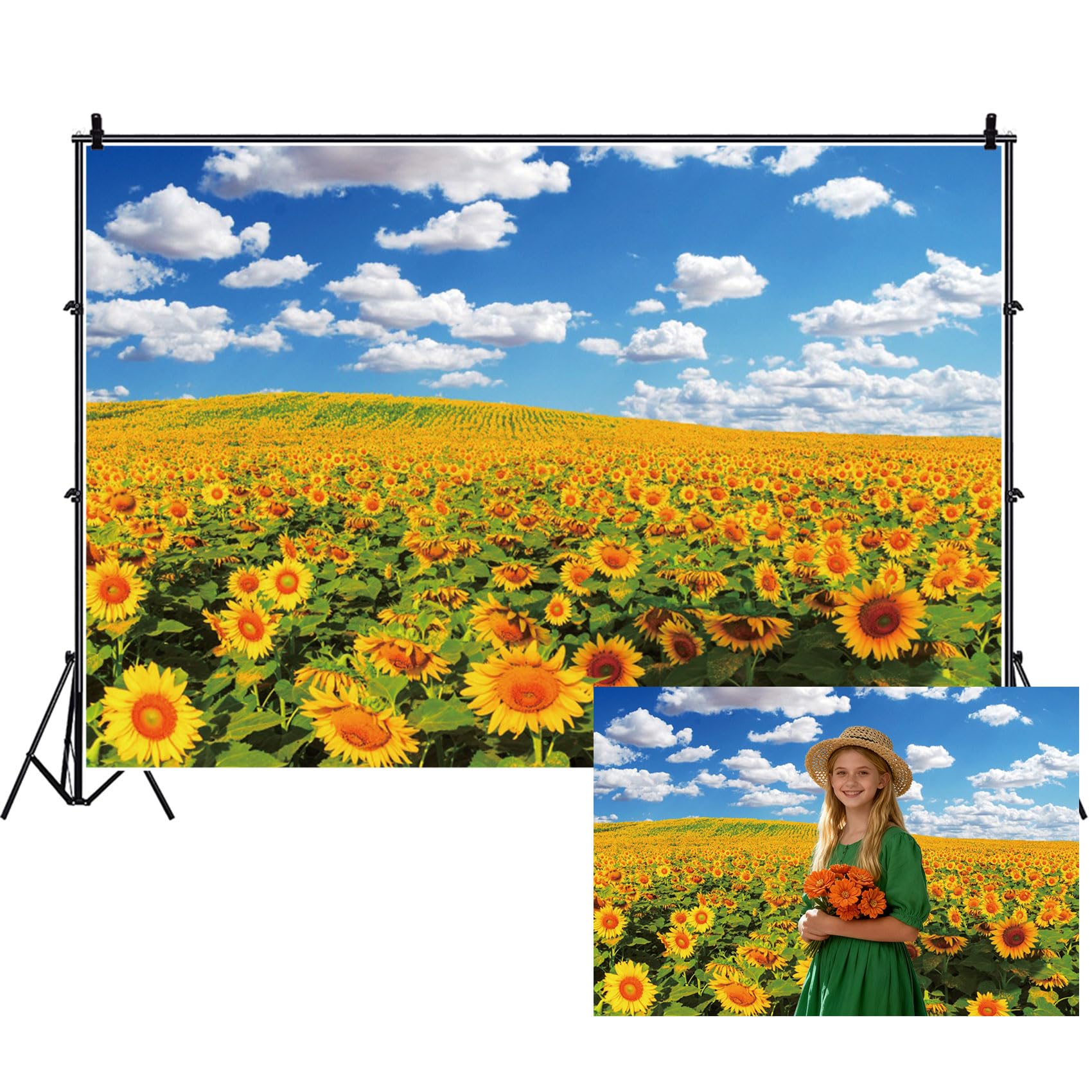 Renaiss 7x5ft Sunflower Field Backdrop Polyester Fabric Summer Yellow Flower Blossom Blue Sky White Clouds Nature Scenery Photography Background for