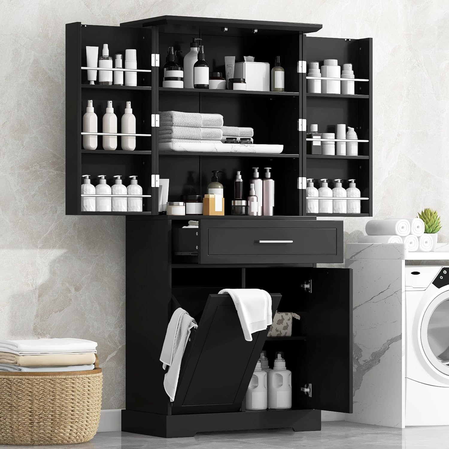 Polibi Freestanding Storage Cabinet with doors open, showcasing internal storage and laundry hamper.