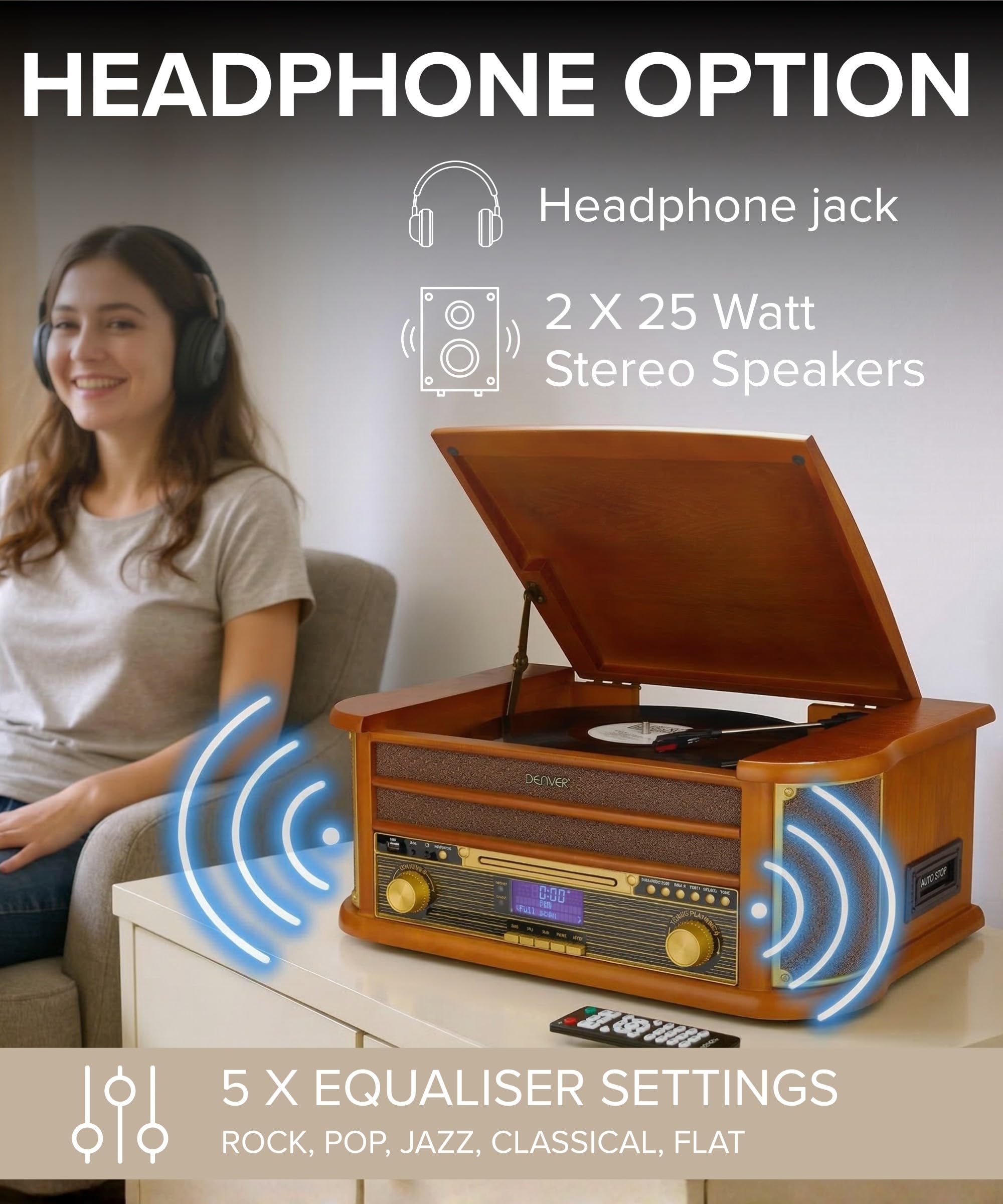 Denver MRD-51BT MK2 Lecteur de disque radio Bluetooth 9 en 1 en bois avec haut-parleurs – Radio DAB+, FM, lecteur de cassette, lecteur CD, entrée auxiliaire, enregistrement MP3 USB, entrée auxiliaire