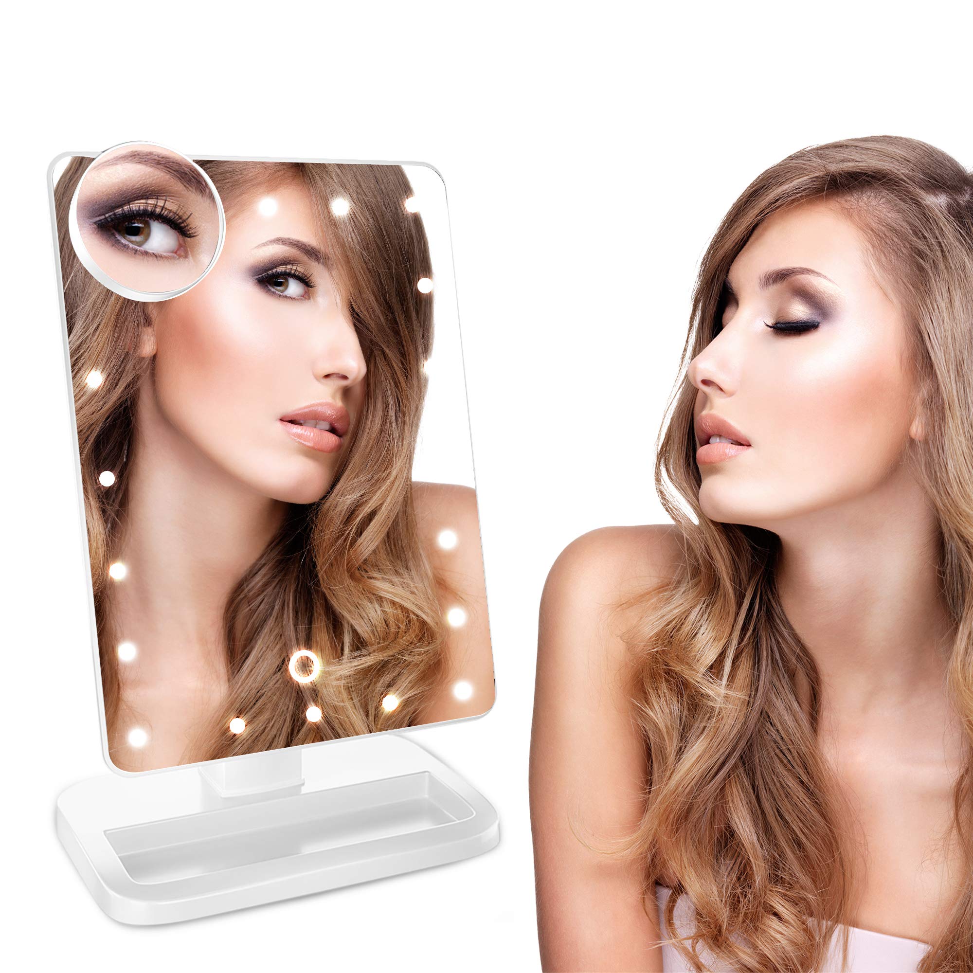 Zeta Boss Hollywood-style Makeup Mirror with Touch Control and 180 Degree Adjustable Compact Travel Vanity Mirror 24 Led Lights - Small Detachable 10x Magnifying Makeup Mirror [White]