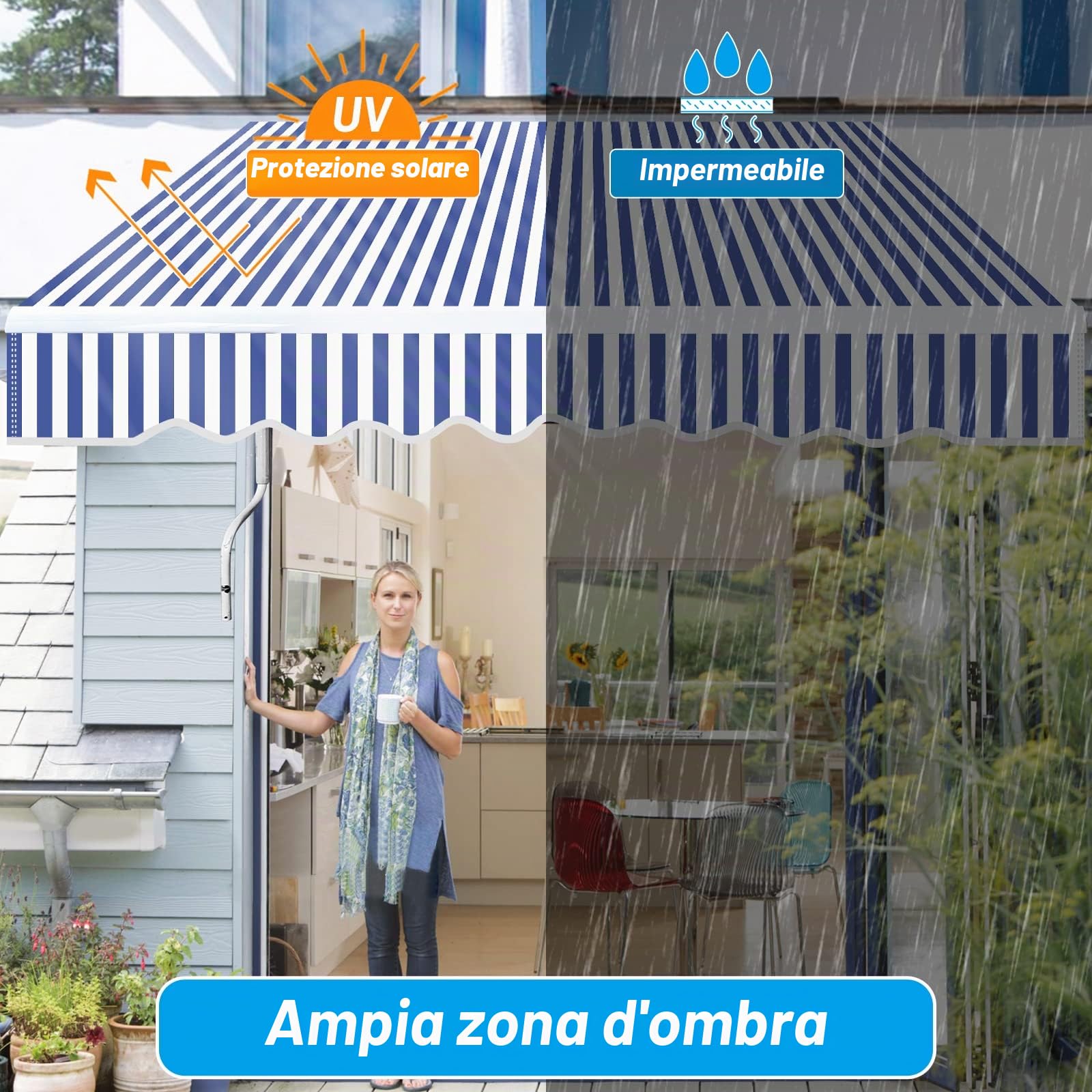 Tenda da sole con braccio snodato, 350x300cm Tenda da sole per Terrazze, Angolazione Regolabile, Meccanismo Manuale, Tenda da Sole Avvolgibile Anti-UV Impermeabile, Blu e Bianco