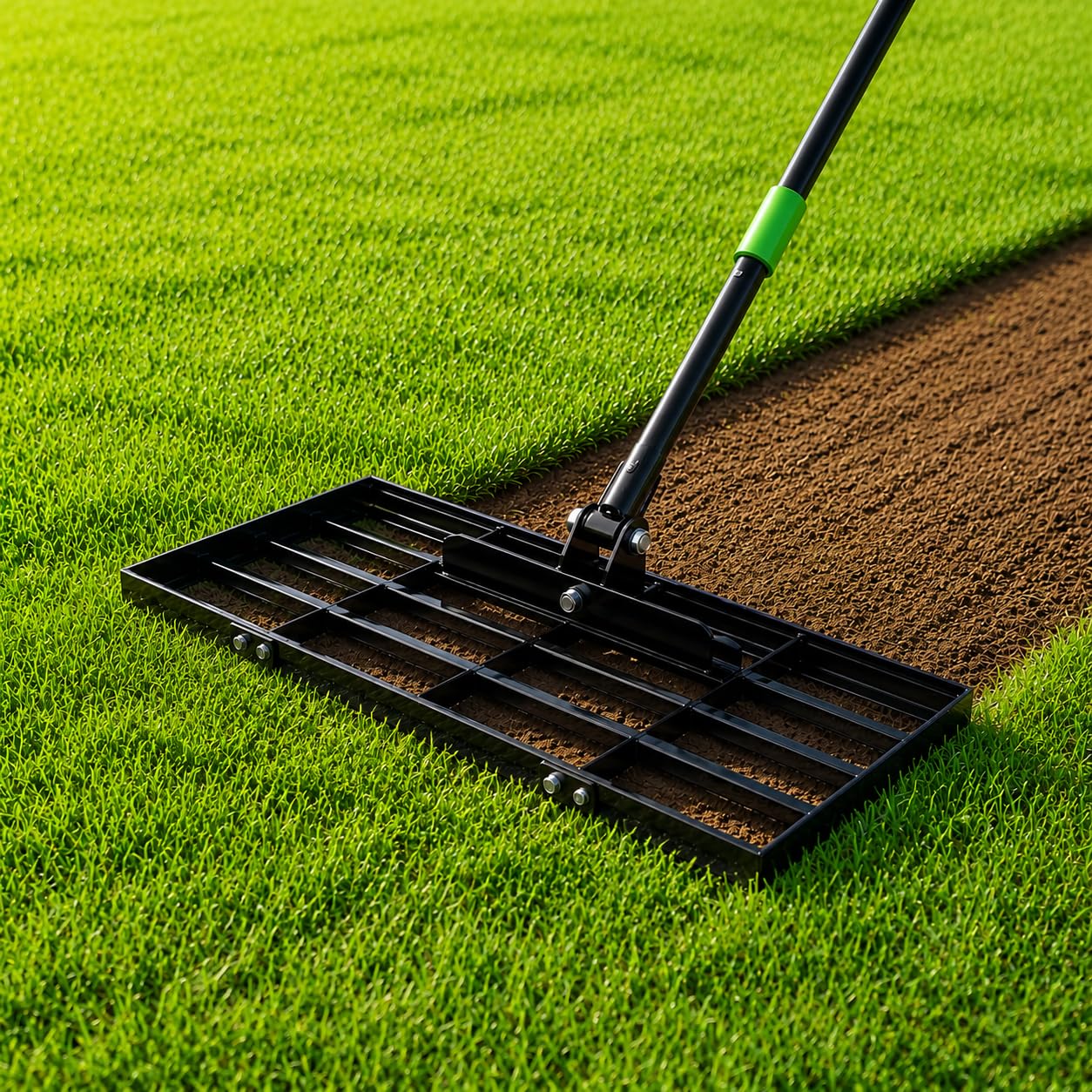 GARDTECH Rasenrakel 75x25 cm | Nivellierrechen aus Edelstahl mit Anti-Kipp-Design | 195 cm Verstellbarer Stiel für Rasen, Erde, Sand, Topdressing | Rasenrechen für Garten, Golfplatz