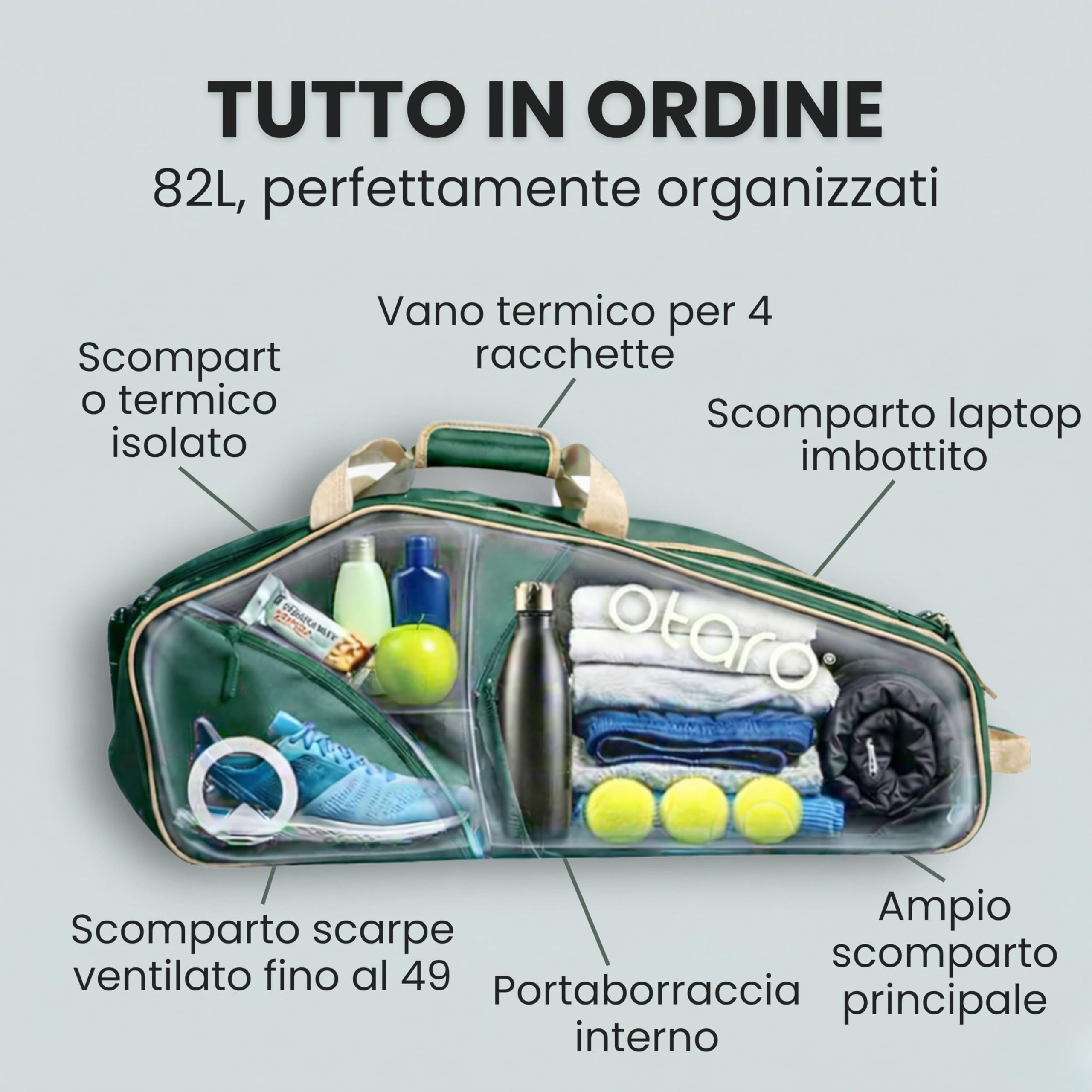 Otaro Borsa tennis 82L | Borsone tennis per 4 racchette | Con scomparto isolato, scomparto per scarpe, scomparto termico e scomparto per laptop | Sistema trasporto 3 in 1 | Zaino tennis idrorepellente