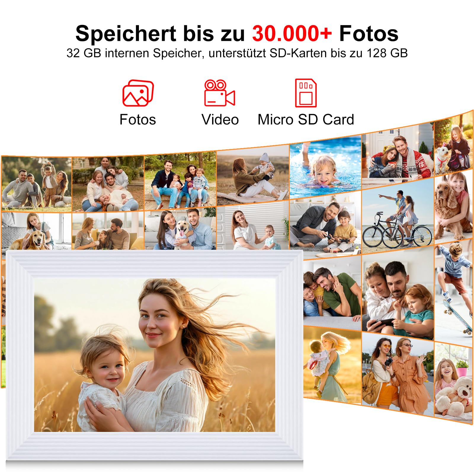 Digitaler Bilderrahmen Groß, Frameo Digital Photo Frame HD IPS Touchscreen - 10,1 Zoll, Elektronischer Bilderrahmen mit WLAN, 32GB, Auto Drehung, Wandmontierbar, Fotos/Videos teilen - Weiß