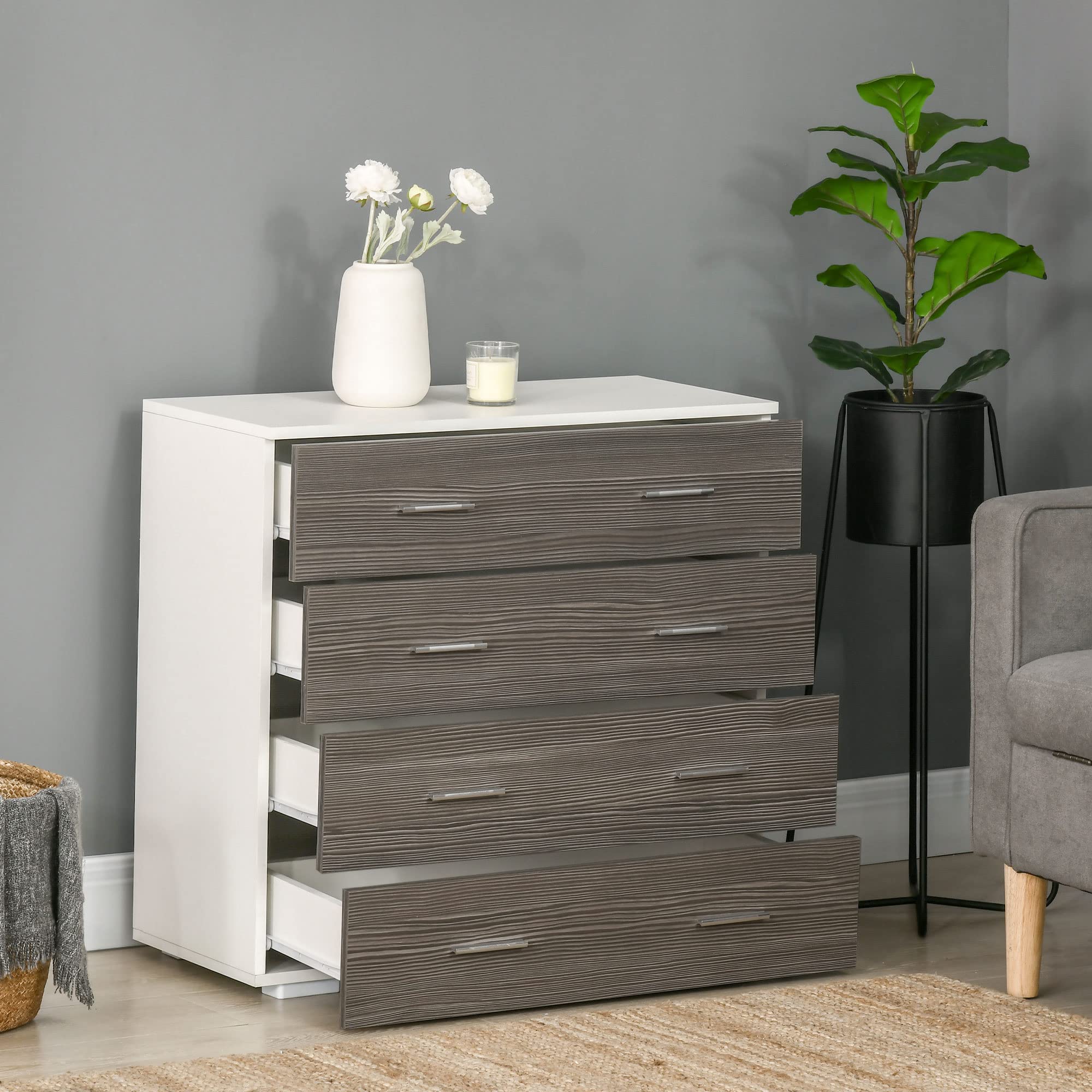 HOMCOM Cómoda 4 Cajones, Cómoda Dormitorio, Cajonera para Salón, Oficina, Pasillo, Estilo Moderno, 76x35x72 cm, Gris Veteado y Blanco
