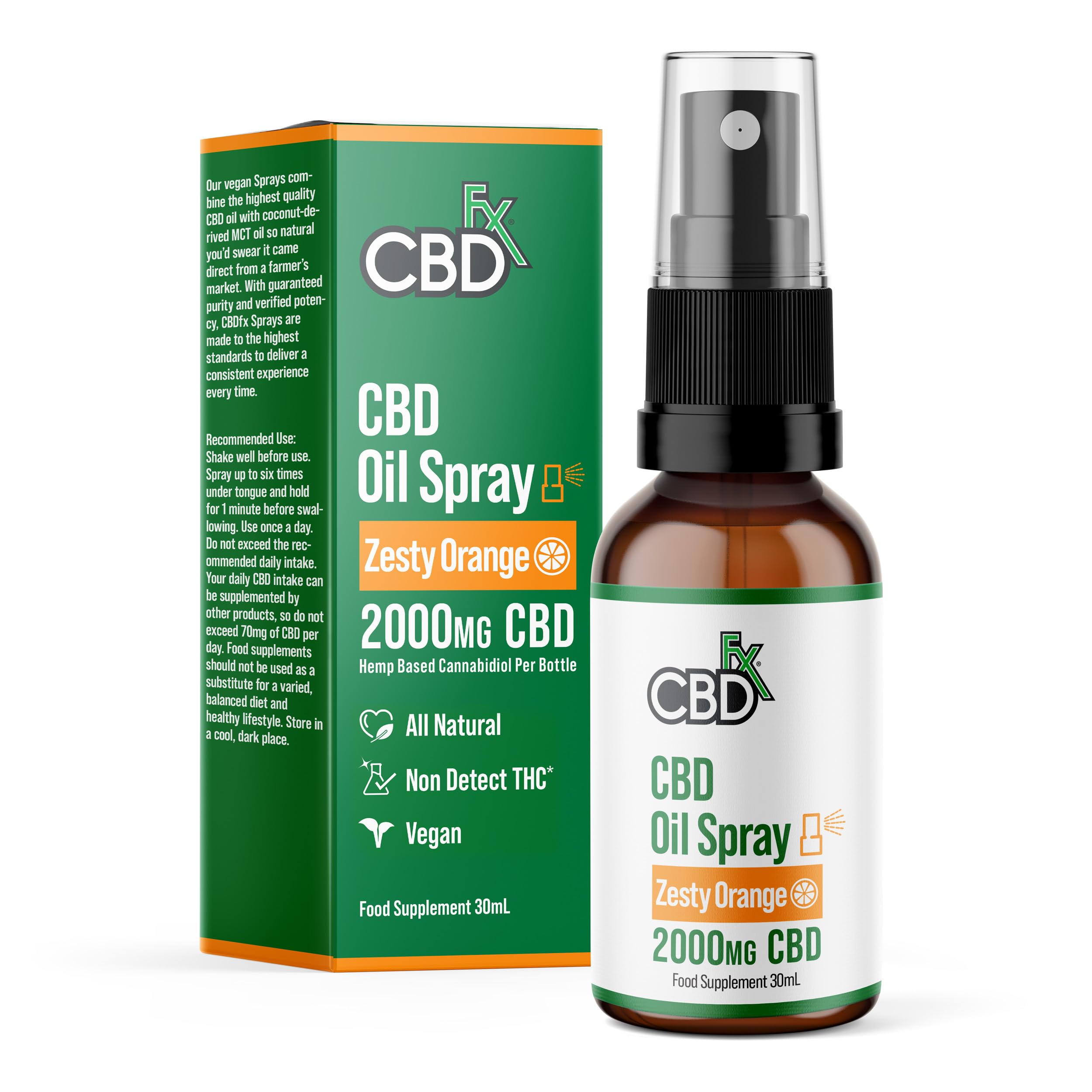 CBDFX 2000mg CBD Spray High Strength Flavoured CBD Oil Zesty Orange Vegan Non-GMO Blended with MCT Oil Improved Purity No THC 30 ml (40 Days)