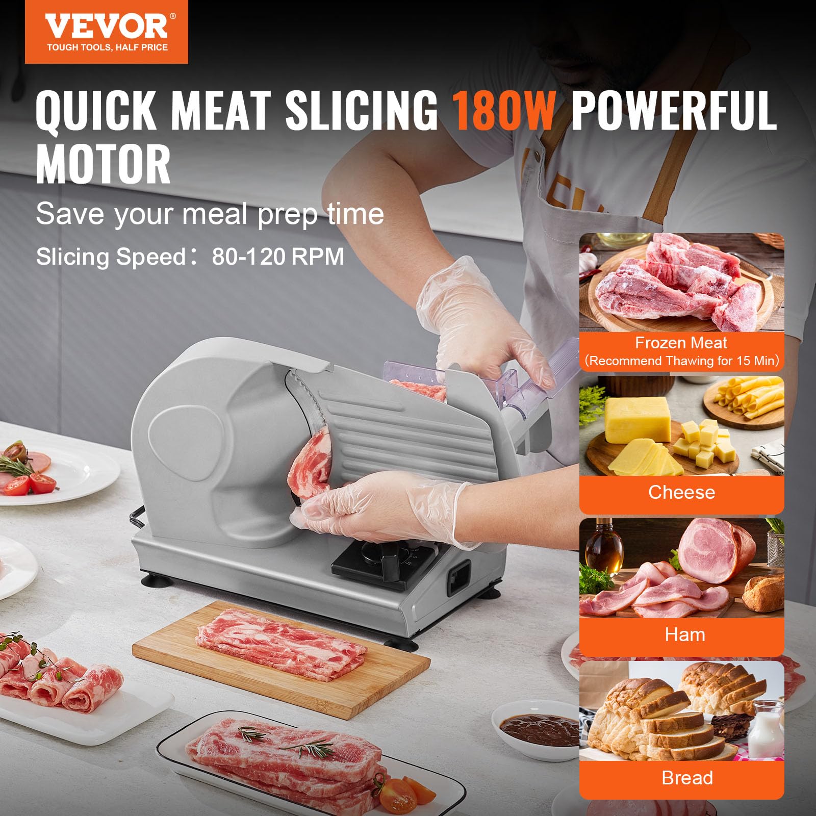 VEVOR Heimgebrauch Fleisch Allesschneider 180 W, 80–120 U/min Elektrische Aufschnittmaschine Lebensmittelschneider mit SUS420 Klingen, 0–15 mm Einstellbare Dicke für Fleisch, Käse usw.