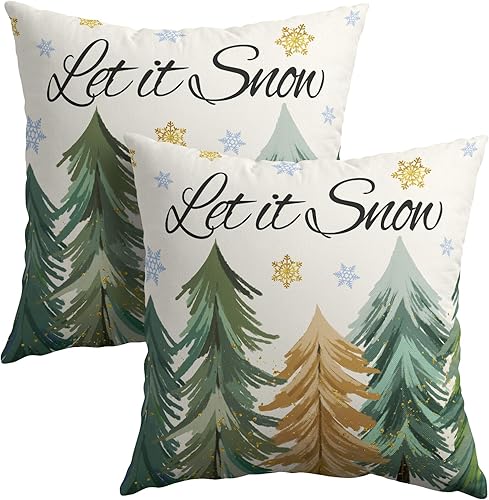 Juego de 2 fundas de almohada de árbol de Navidad de 18 x 18 pulgadas, fundas de almohada de invierno Let it Snow, diseño de copos de nieve, funda Juego de 2 fundas de almohada de árbol de Navidad de 18 x 18 pulgadas, fundas de almohada de invierno Let it Snow, diseño de copos de nieve, funda