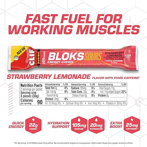 Miniatura 2 de Clif Bloks Sours - Sabor a limonada de fresa con cafeína - Masticables energéticos - Sin OMG - A base de plantas - Combustible rápido para ciclismo