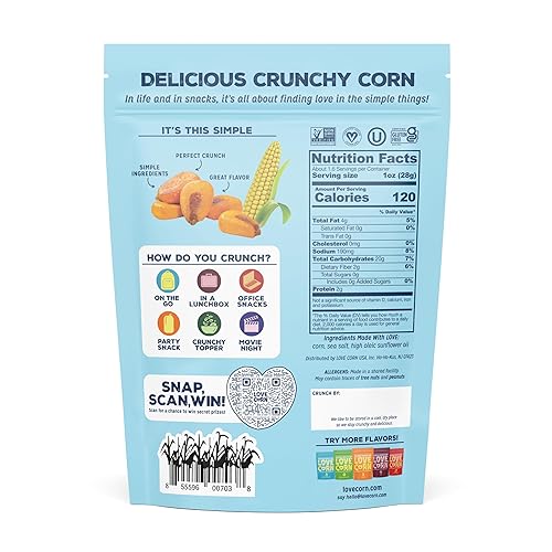 Vista 2 de LOVE CORN Sal marina Delicioso aperitivo natural de maíz crujiente 4 onzas x 1 bolsa Sin OMG, bajo en azúcar, sin gluten, a base de plantas