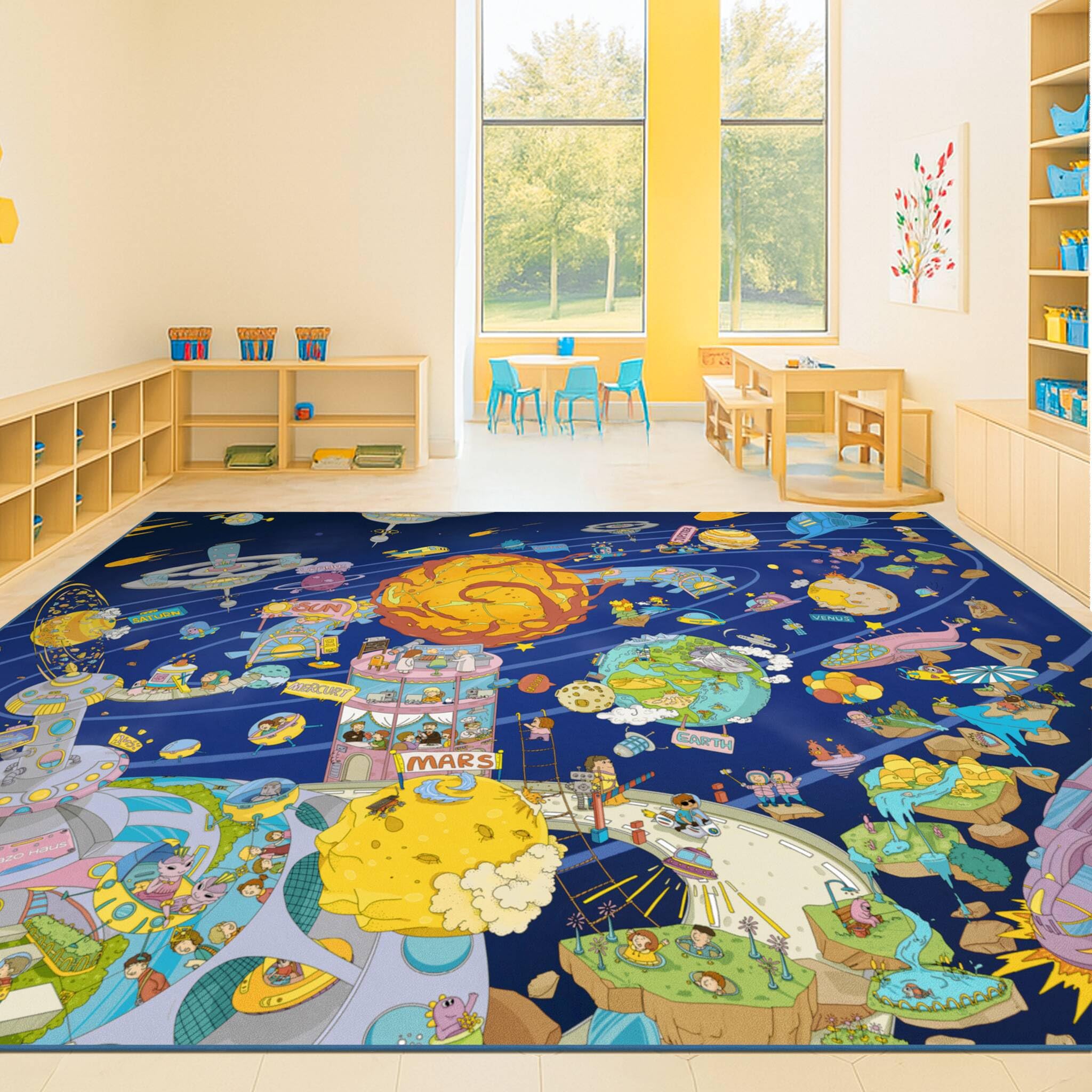 Hazo Haus Galaxy 8x10 Educational Kids Rug for Classroom – Interactive Solar System Design with Planets, Spaceships, Astronauts &amp; Fun Characters – Perfect for STEM Learning &amp; Creative Play Spaces