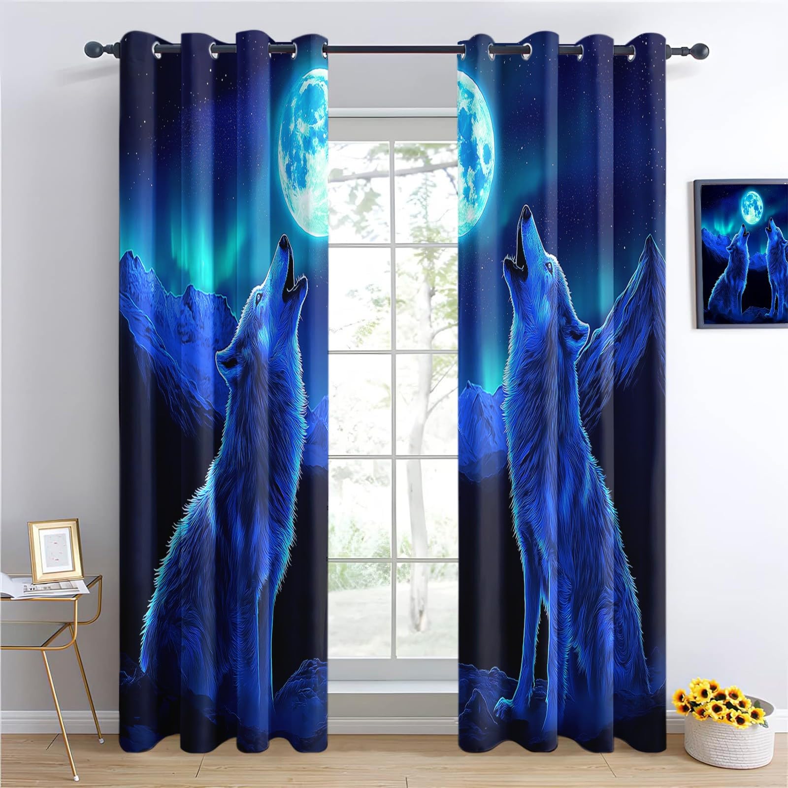 Tenda oscurante con motivo lupo e lupo, oscurante, con occhielli, per soggiorno e camera da letto, 220 x 215 cm