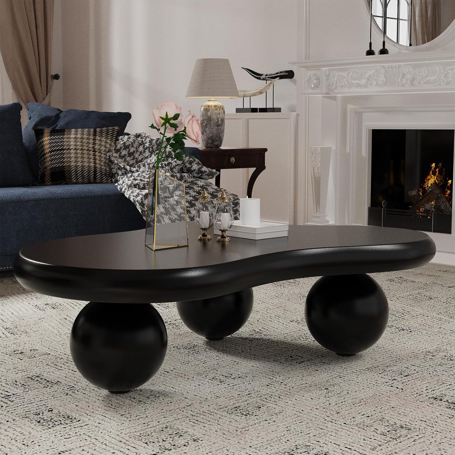 Cloud Shape Coffee Table Modern Wooden Irregular Cute Central Wavy Center Table, Indoor End Tables Black Coffee Tables with 3 Ball Legs for Living Room Bedroom (D46IN)