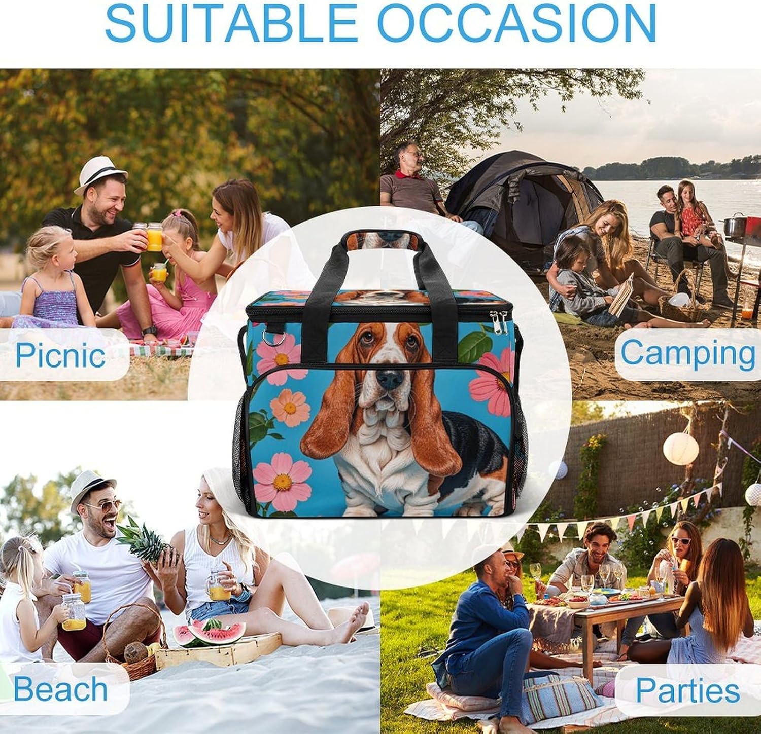 Insulated Picnic Backpack Tote Bag, Large Capacity 30L Sweet Basset Hound Florals Cooler Bag Leakproof Beach Bags Portable Lunch Box Waterproof Picnic Basket for Beach Camping BBQ