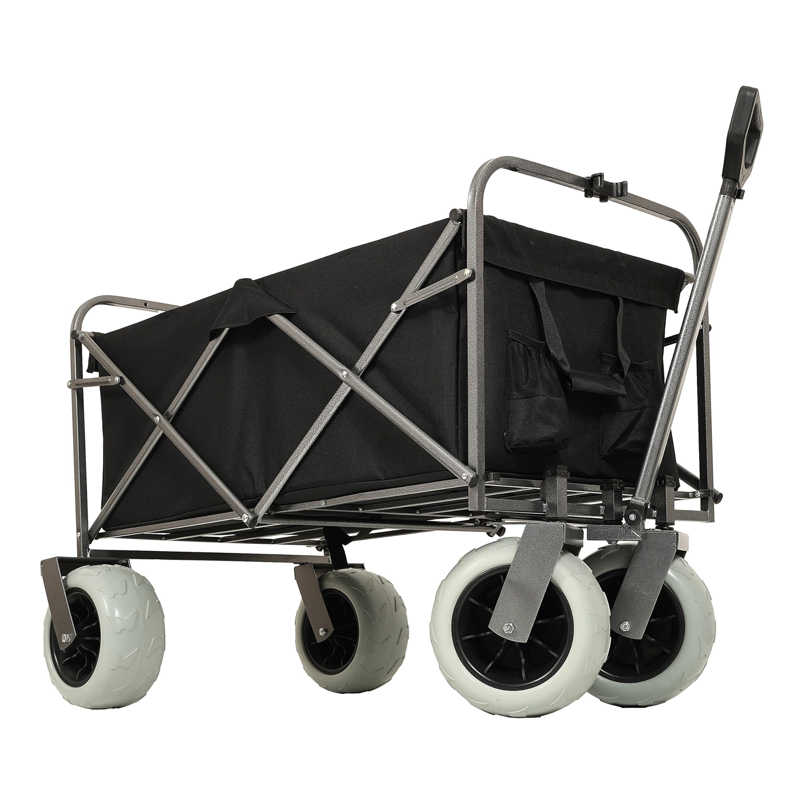 Carrello da spiaggia All-Terrain con capacità di 500 libbre, pesante e pieghevole, ruote pneumatiche da 9 pollici per sabbia, con borsa multifunzione e cintura, colore nero