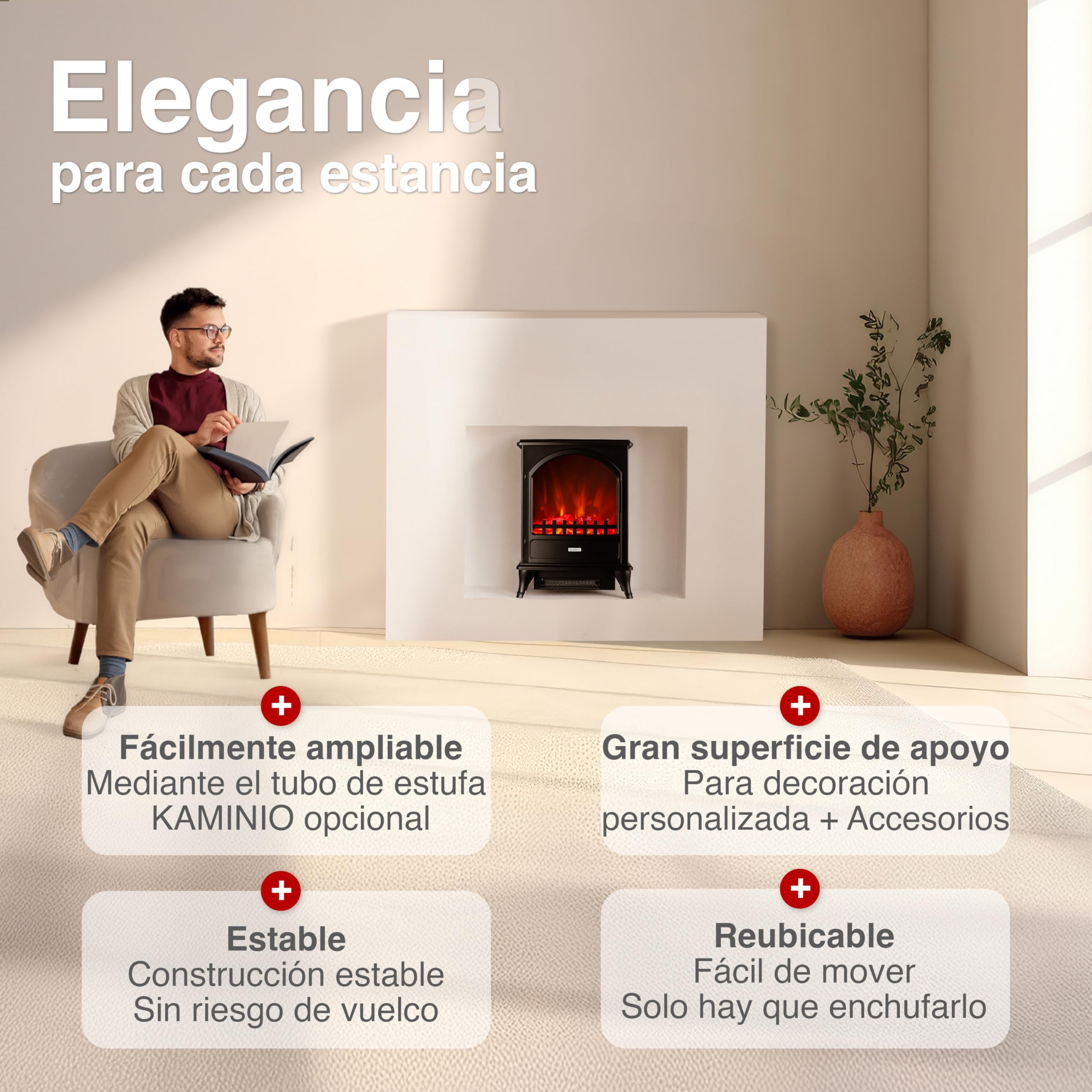 KAMINIO Chimenea eléctrica Leni - Estufa con calefacción, Efecto Llama 3D (Negro)