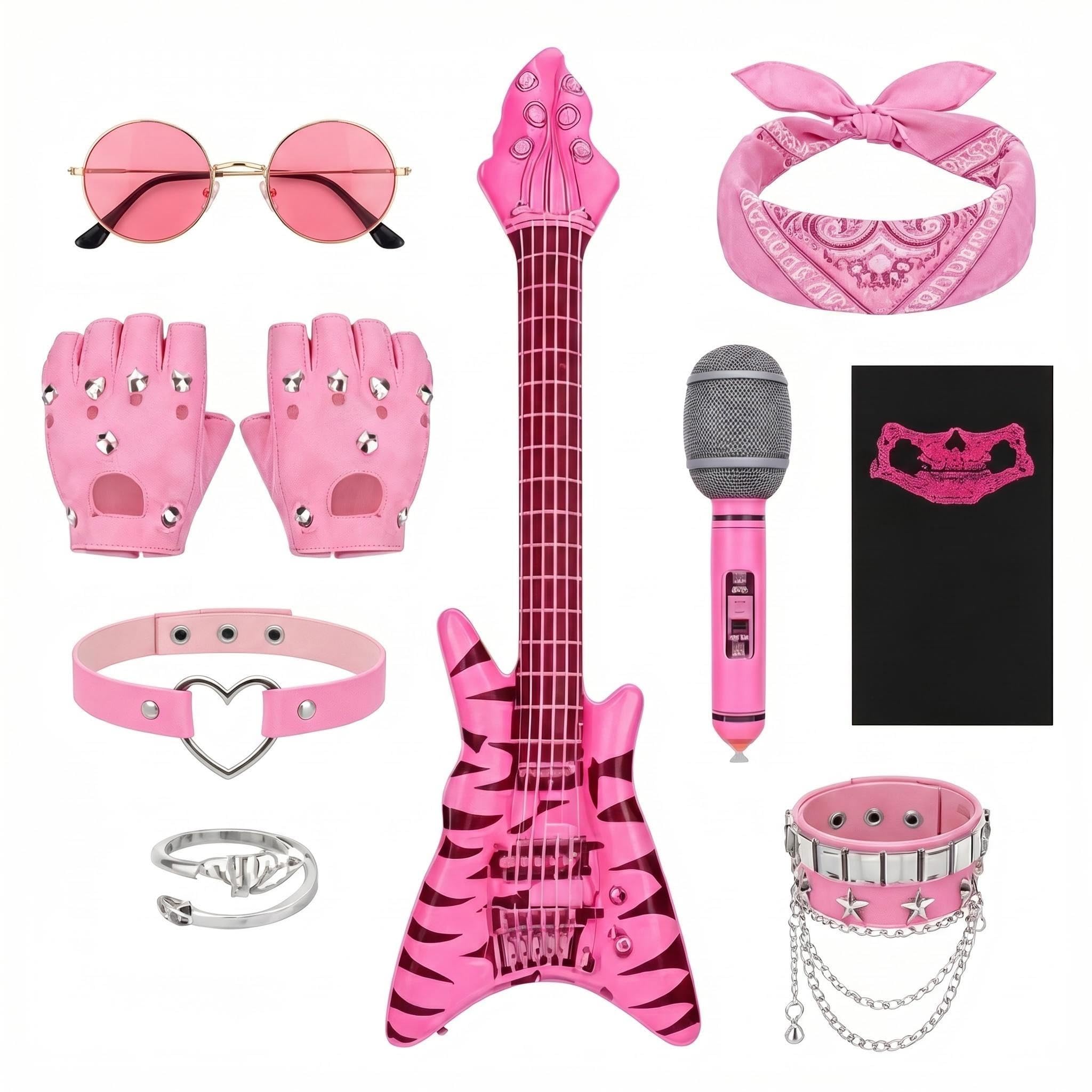 Pnoyws Rock Star Fancy Dress Set, 10PCS Punk Rock Star Costume Accessories, Pink Outfit Kit for Halloween, Cosplay, Themed Party & Stage Performance