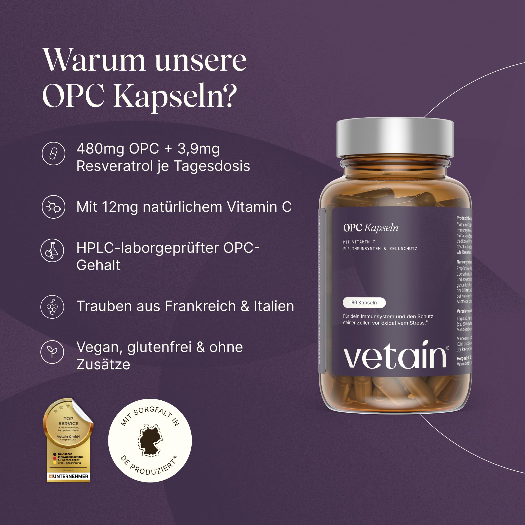 VETAIN OPC Traubenkernextrakt - 180 Kapseln - hochdosiert 800mg Extrakt mit Vitamin C & Resveratrol - HPLC laborgeprüft - aus französischen Trauben - vegan & produziert in Deutschland