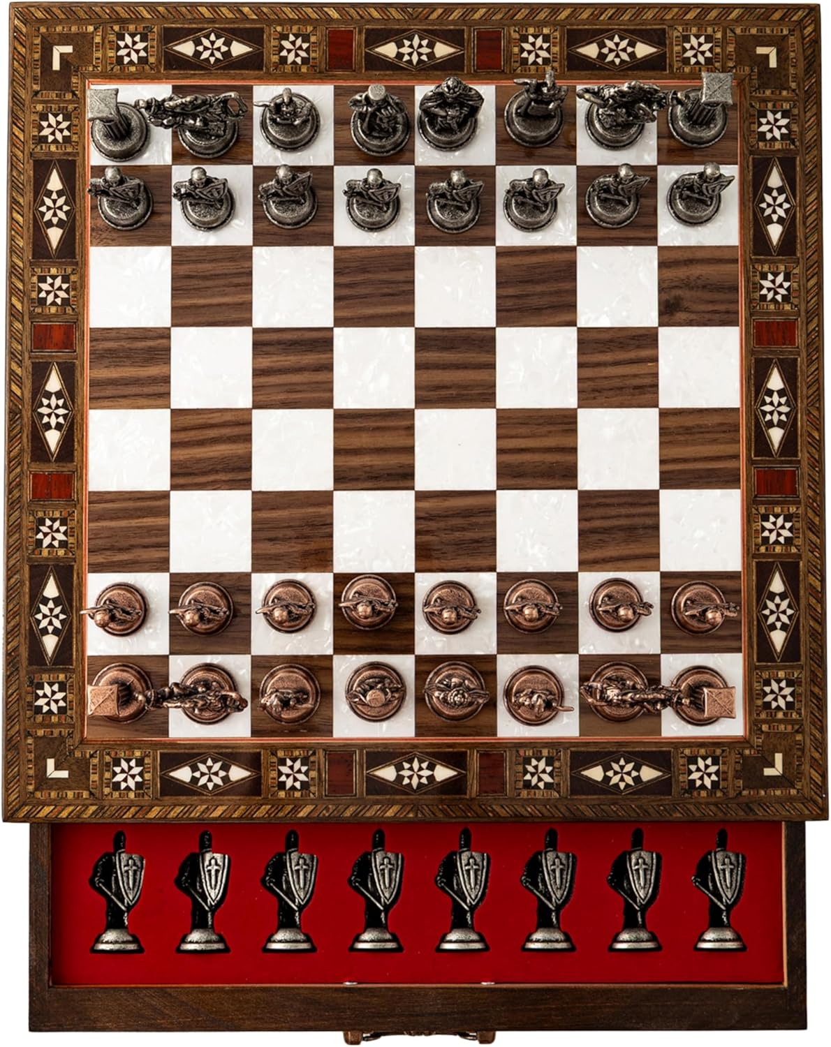 Luxury Handmade Wooden Chess Set with Metal Pieces – 12.2'' Decorative Storage Chess Board – British Themed Chess Pieces for Christmas, Birthday & Father’s Day (Green)