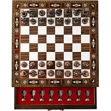 Luxury Handmade Wooden Chess Set with Metal Pieces 12.2 Decorative Storage Chess Board British Themed Chess Pieces for Christmas, Birthday Walnut