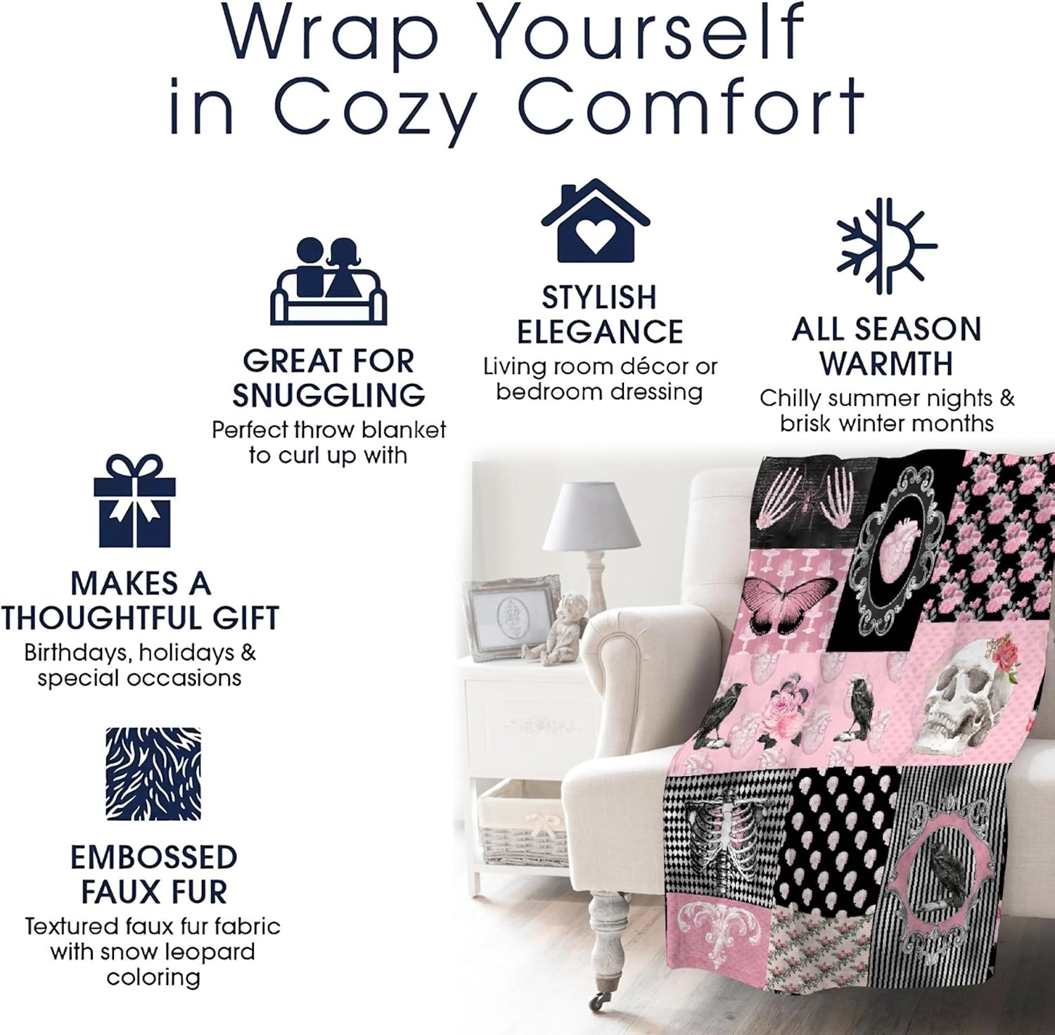 Gothic Collage Rose Skull Butterfly Skeleton RetroBlanket Gift for Girl Boy, Gothic Throw 40 x 50 Inch Lightweight Soft Cozy Blankets for Couch Bed Sofa Chair - Image 7