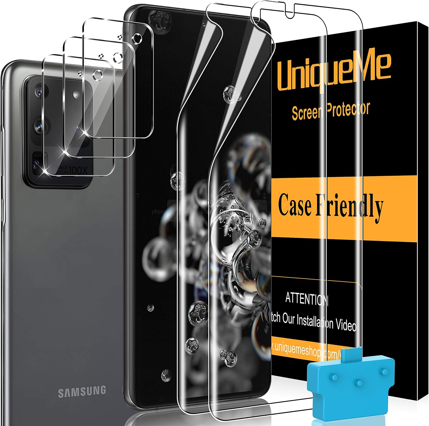 [2+3 Pack] UniqueMe Compatible for Samsung Galaxy S20 Ultra 6.9 inch, 2 Pack Flexible TPU Soft Screen Protector and 3 Pack Camera Lens Protector Support Fingerprint Unlock with Installation Tool