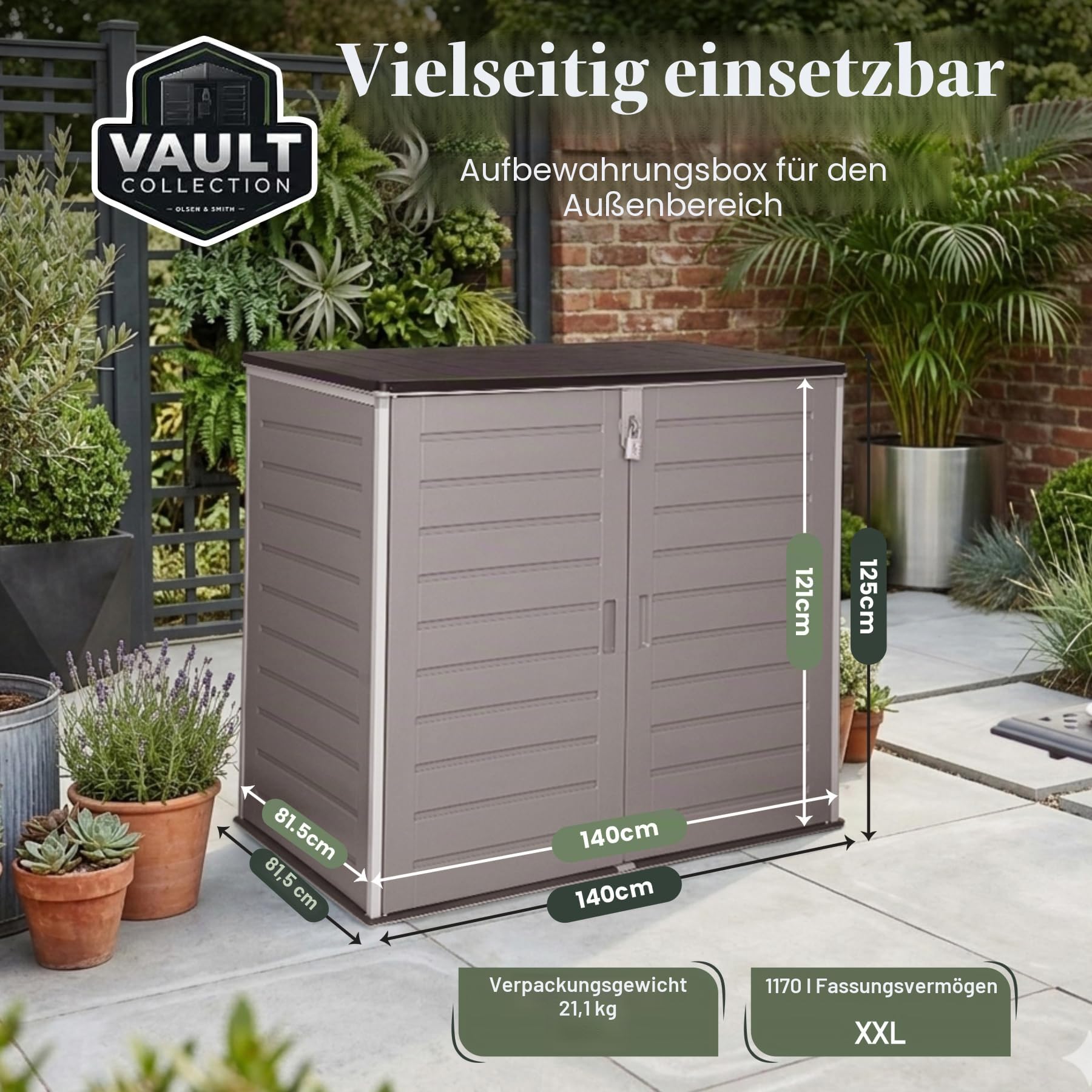 Olsen & Smith 1170L Extra Große XL Outdoor Garten Aufbewahrungsbox mit Vorhängeschloss - Riesige Kapazität Kunststoff Schuppen Mülltonnenbox Schrank - Ideal für 2x230L Mülltonnen, Gartengeräte