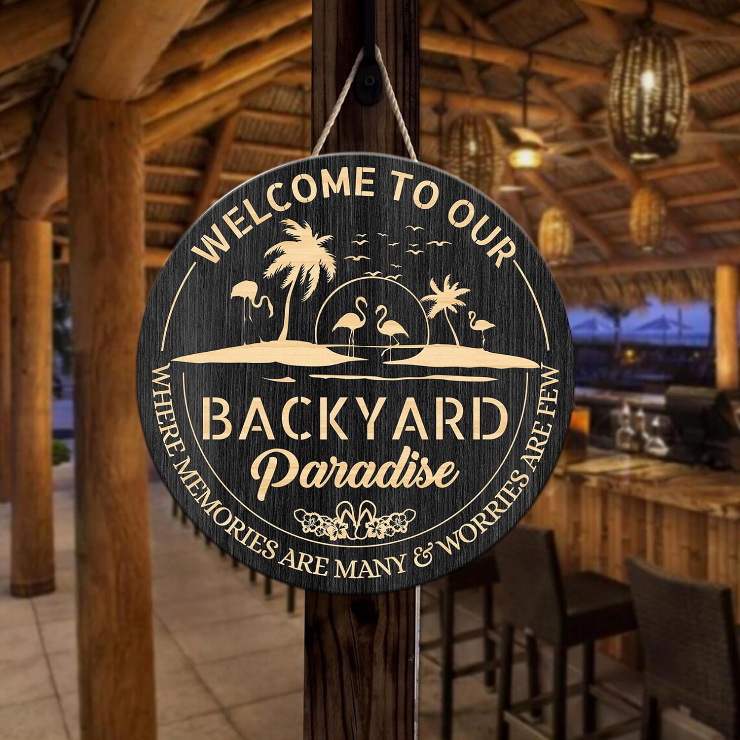Backyard Sign Outdoor Decorations, Patio Signs, 12 & 18 in Large Outdoor Sign, Flamingo Backyard Paradise Sign for Outside, Housewarming Gifts for Family Friends (Black, 12x12)