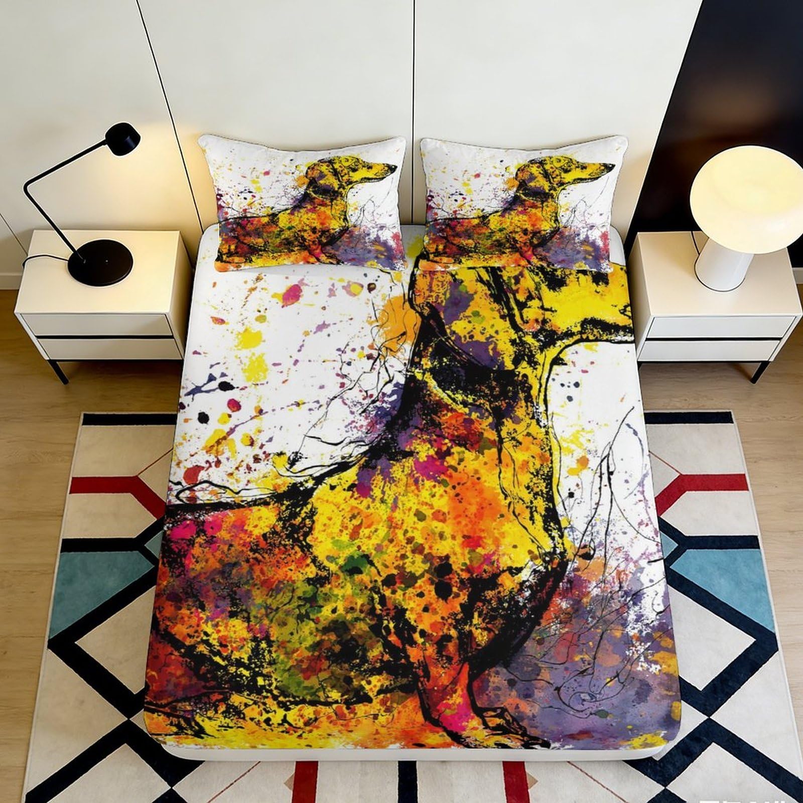 3D Printed Abstract Dog Art Fitted Sheet Microfiber Vibrant Splash Mattress Cover for Bedroom Dorm Decor 90x200x25cm