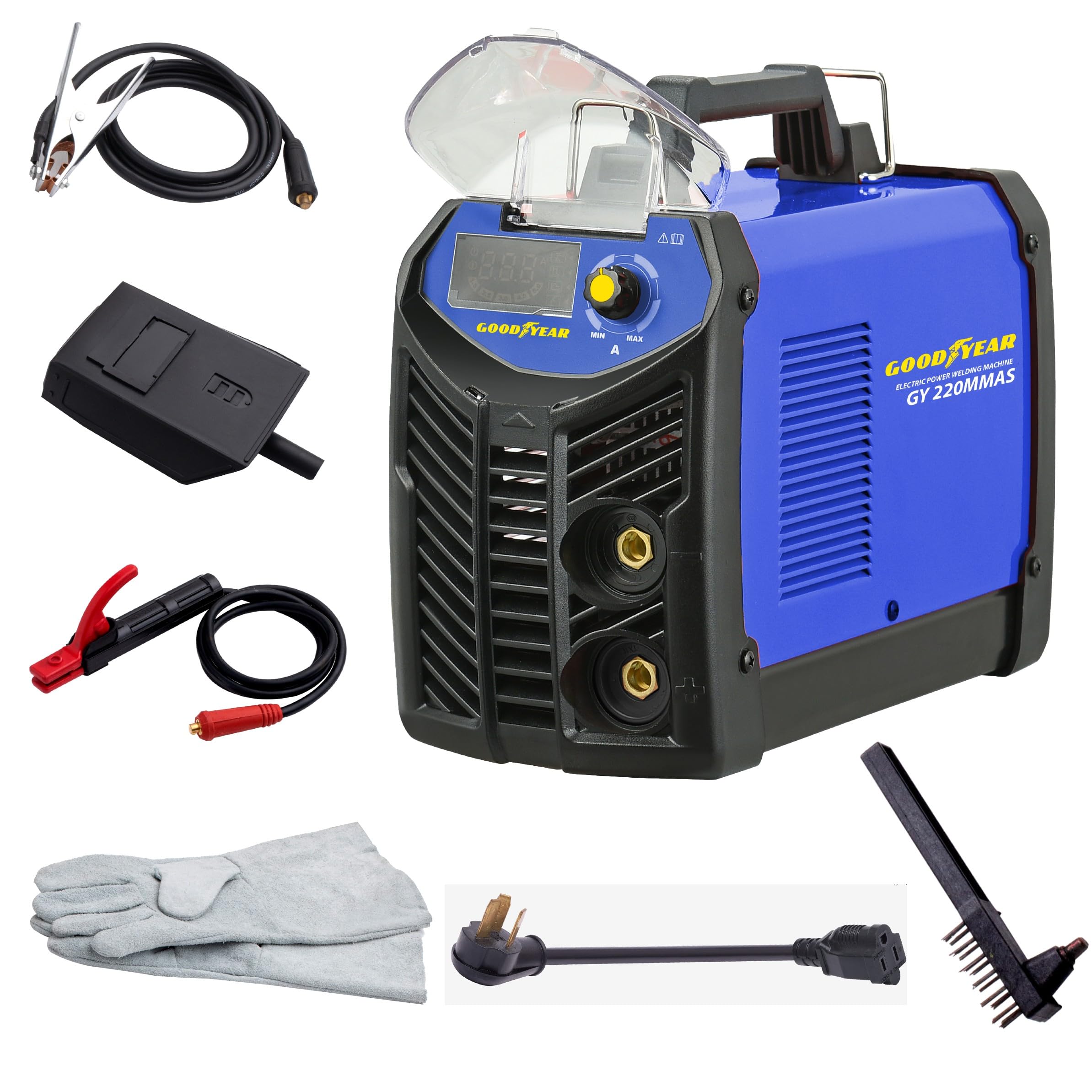 Goodyear - Soldador de Arco Inverter MMA 200A con Accesorios, DC 110V-220V, Corriente Salida DC, Ciclo 45%, VRD, Hot Start, IP21, Soldadura 7018/6010/6011/6013 hasta 3.25mm