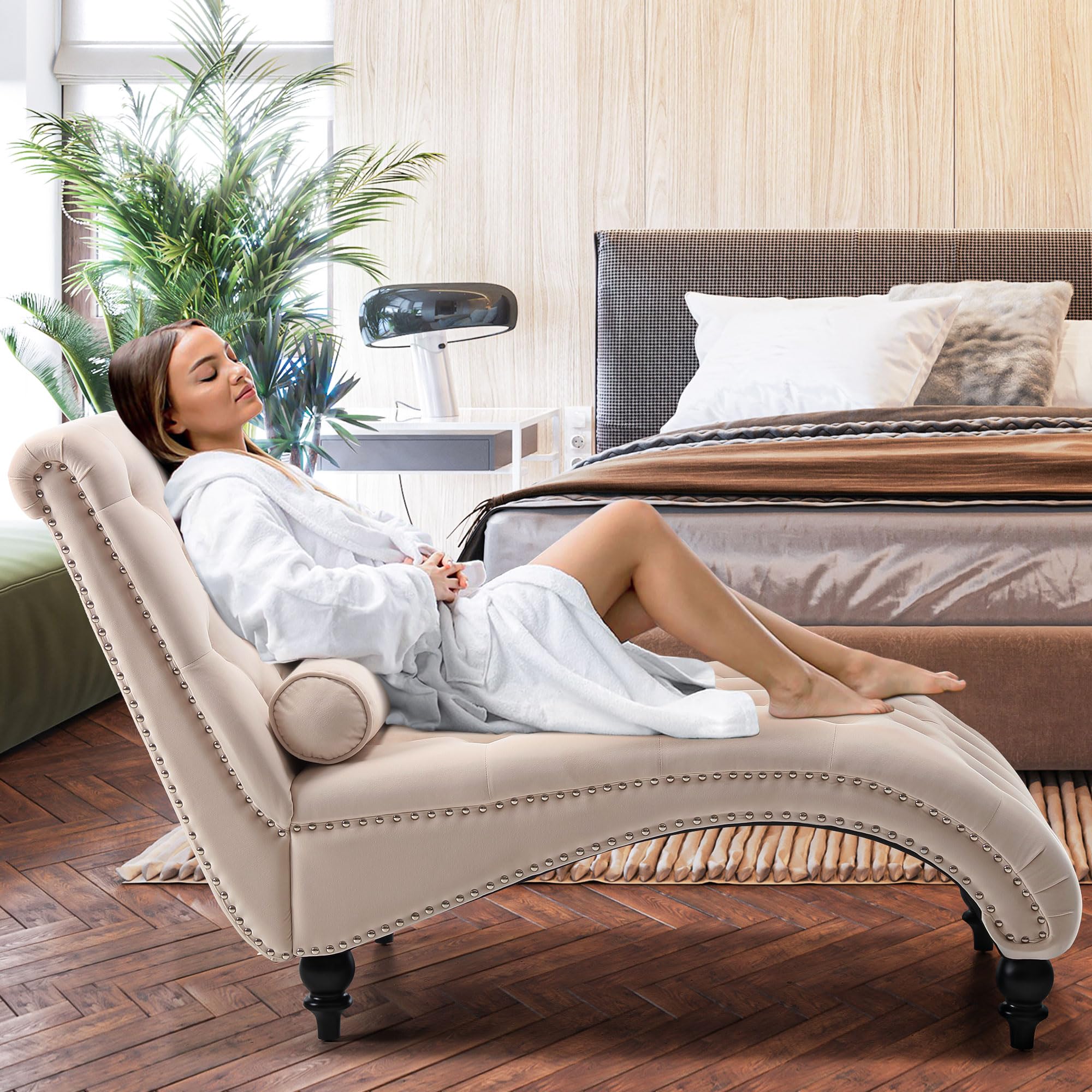 Best Upholstered Chaise Lounge Picks for 2026 4 SLEERWAY Chaise Lounge Chair Indoor, Modern Velvet Upholstered Sofa with Solid Wooden Leg and Lumbar Pillow, Button Tuft — product photo