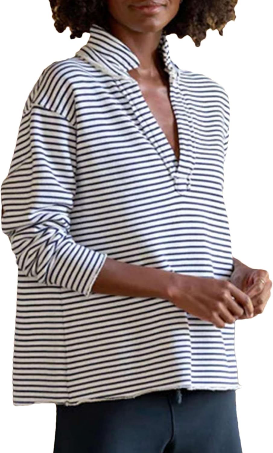 Zontroldy Women’s Casual V Neck Pullover Sweatshirt Long Sleeve Solid Color/Stripe Polo Collared Shirts Tops