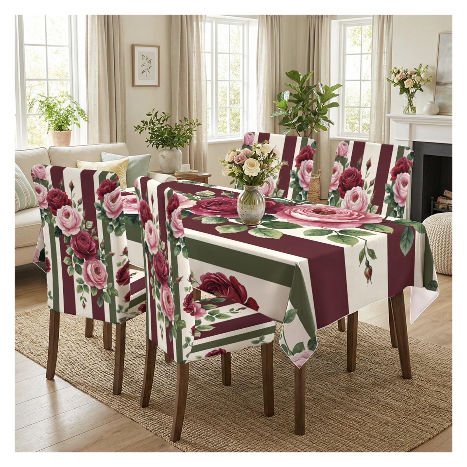 KXUAUV Striped Rose Print Tablecloth & Chair Covers Set, Slipcovers For Dining Room, Kitchen, Garden & Vintage Decor, 5/7 Pack Party Decor(5pcs Set: Tablecloth+Chair Covers)