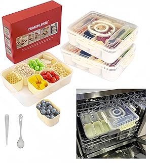 Snack Box Container, Divided Serving Tray with Lid,Travel Snack Container,Snack Tray with Timer,PP Material,Dishwasher and Microwave Safe (2PCS)