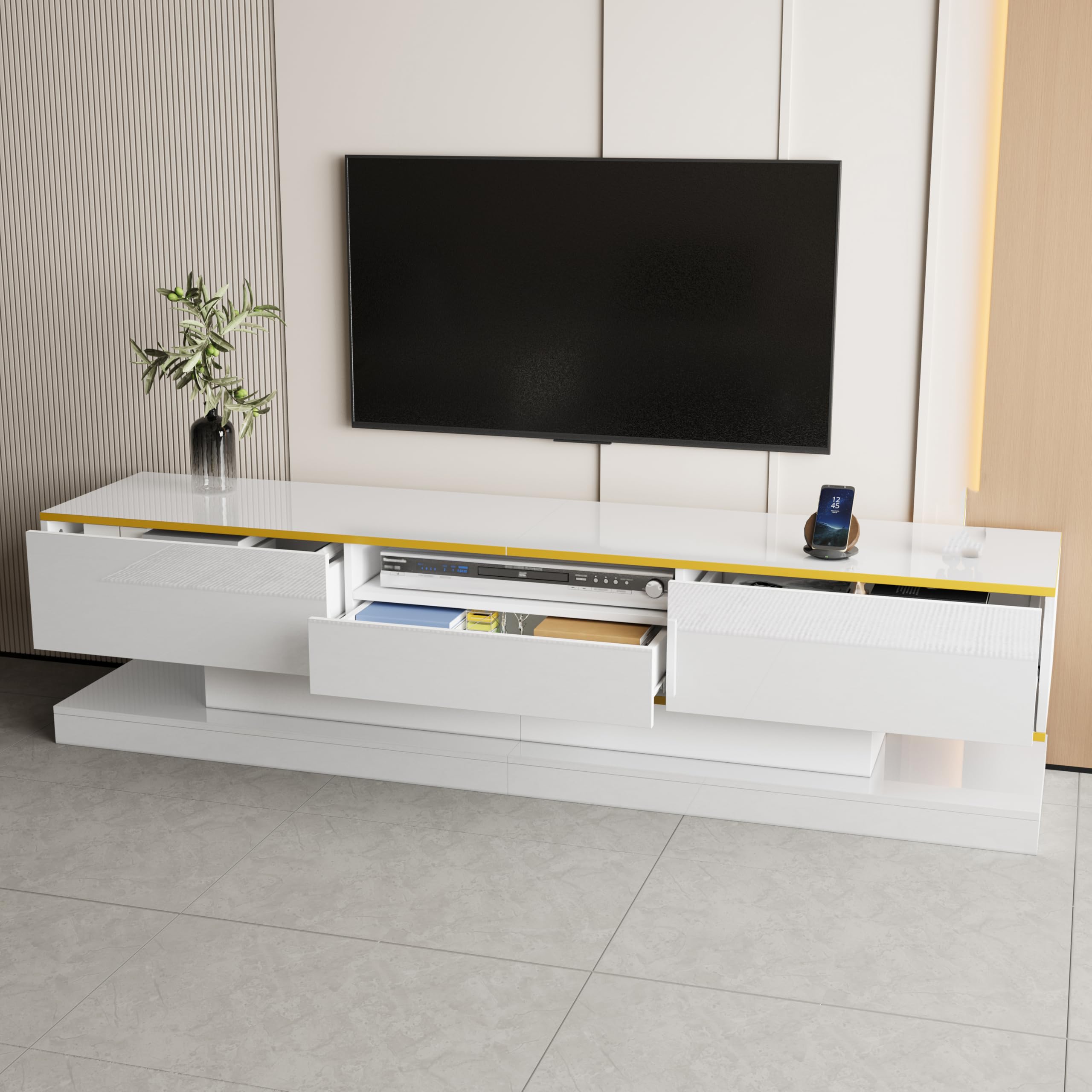Meuble TV 180 cm de Long avec 3 tiroirs 1 Compartiment Ouvert - Brillant avec lumières LED lowboard pour Salon Salle à Manger Meuble Bas Table Blanc
