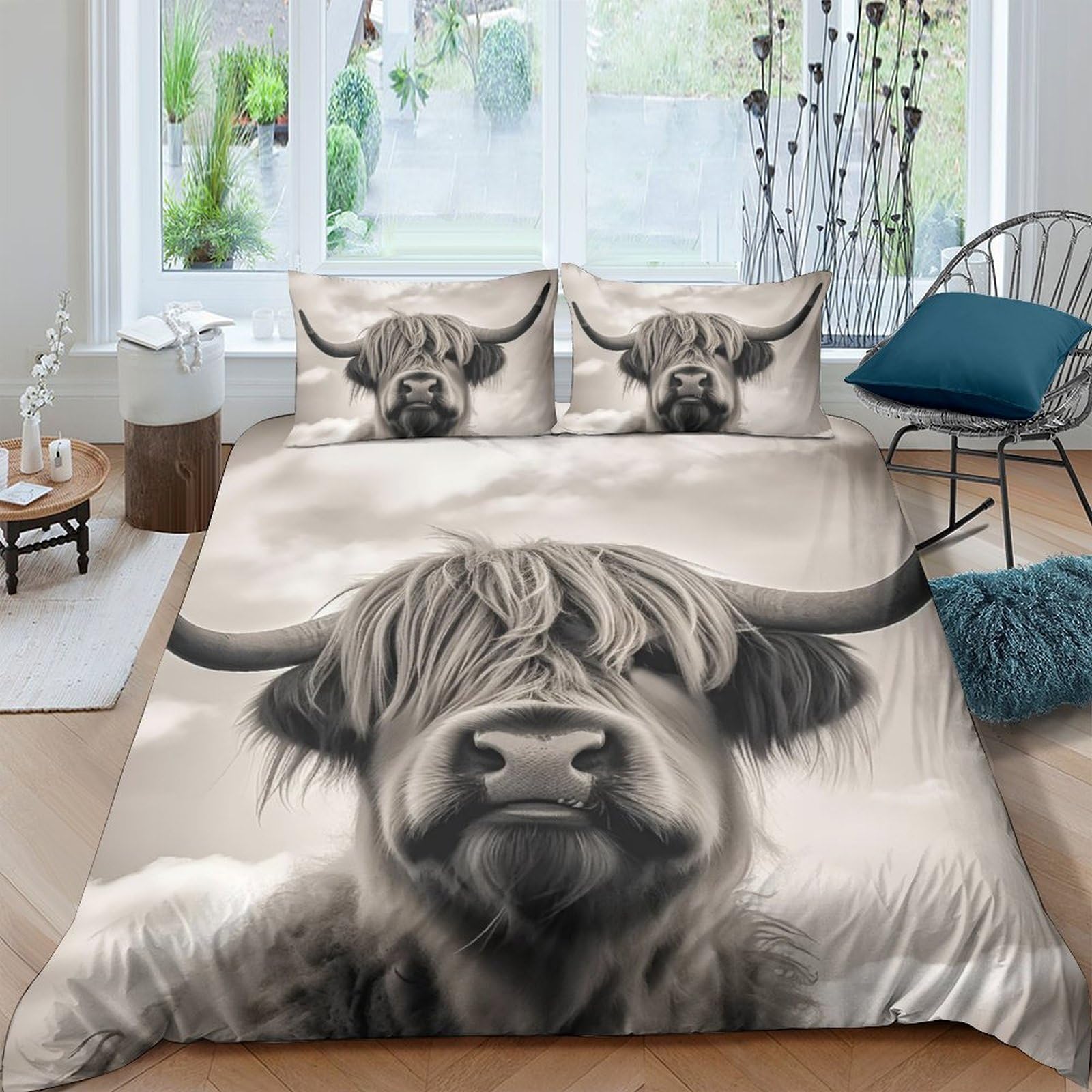 GPLZQXKJNH 3D Printed Highland Cow Duvet Cover Microfiber Beige Animal Bedding Set with 2 Pillowcases for Bedroom Decor Single（135x200cm）