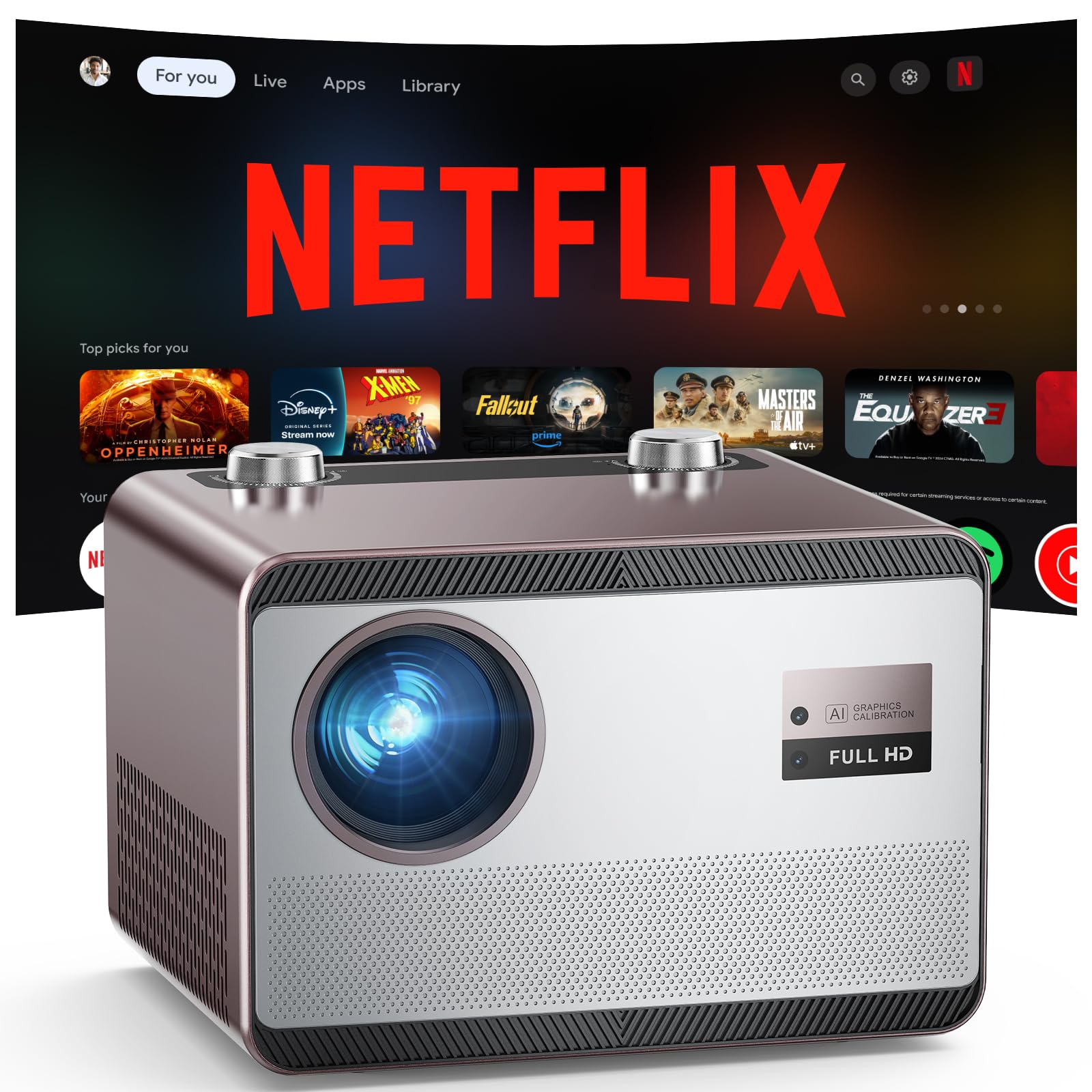 2000 ANSI Netflix Officially Licensed 4K Full HD Outdoor Projector, HAPPRUN Projector with Wifi and Bluetooth, Built-in Apps, Auto Focus, Smart Projector for Movie/Home Theater/Indoor/PS5/PC