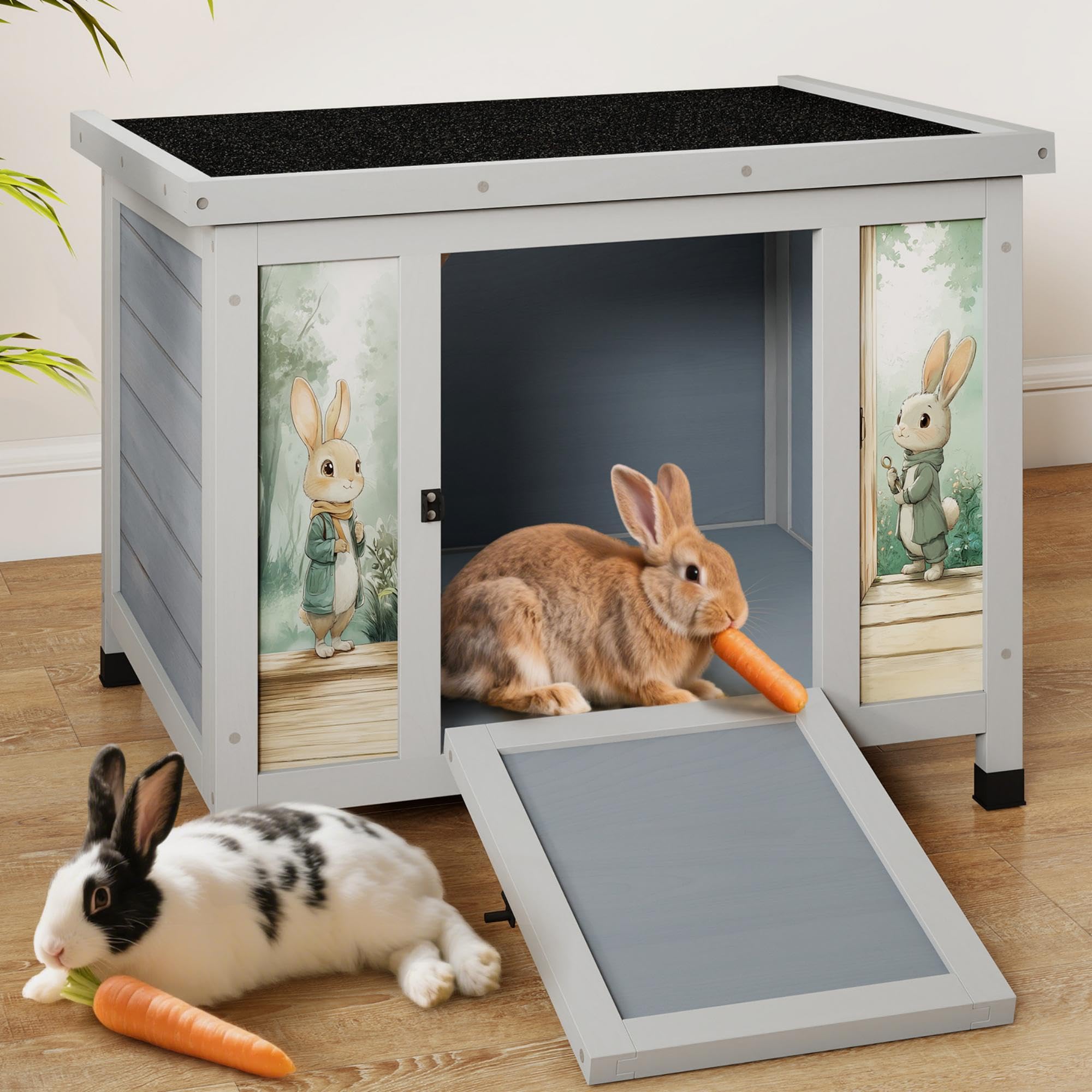 COZIWOW 24 Inch Rabbit Hutch Outdoor, Weatherproof Cat House, Bunny Cage Indoor with Non-Slip Ramp, Portable Wooden Shelter for Rabbits, Feral Cats,