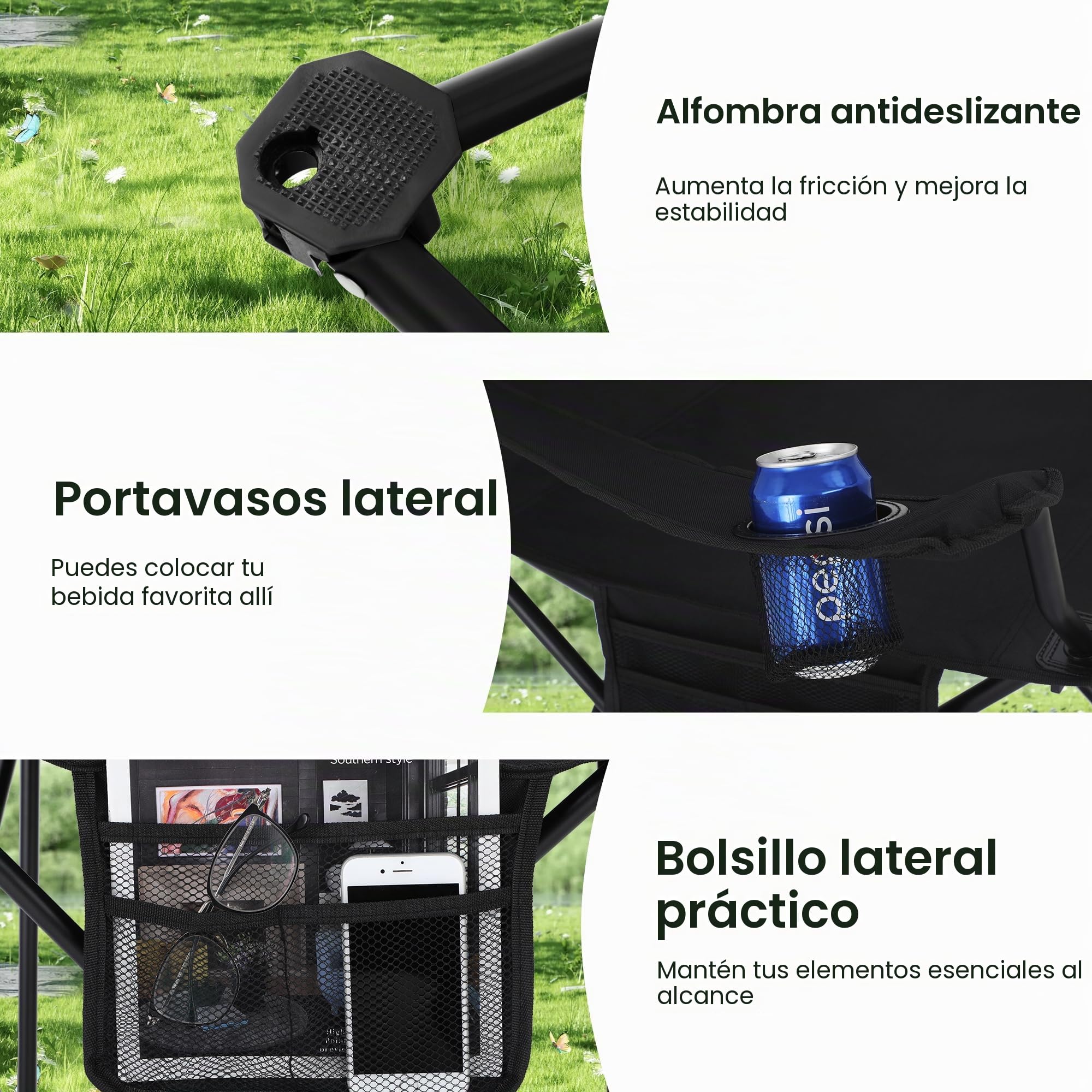 High Point Sports Sillas Plegables de Camping hasta 102 kg, Sillas Plegables con Soporte para Bebidas, Juego de 2 Silla Plegable con Reposabrazos Negro Silla de Camping Ultraligera