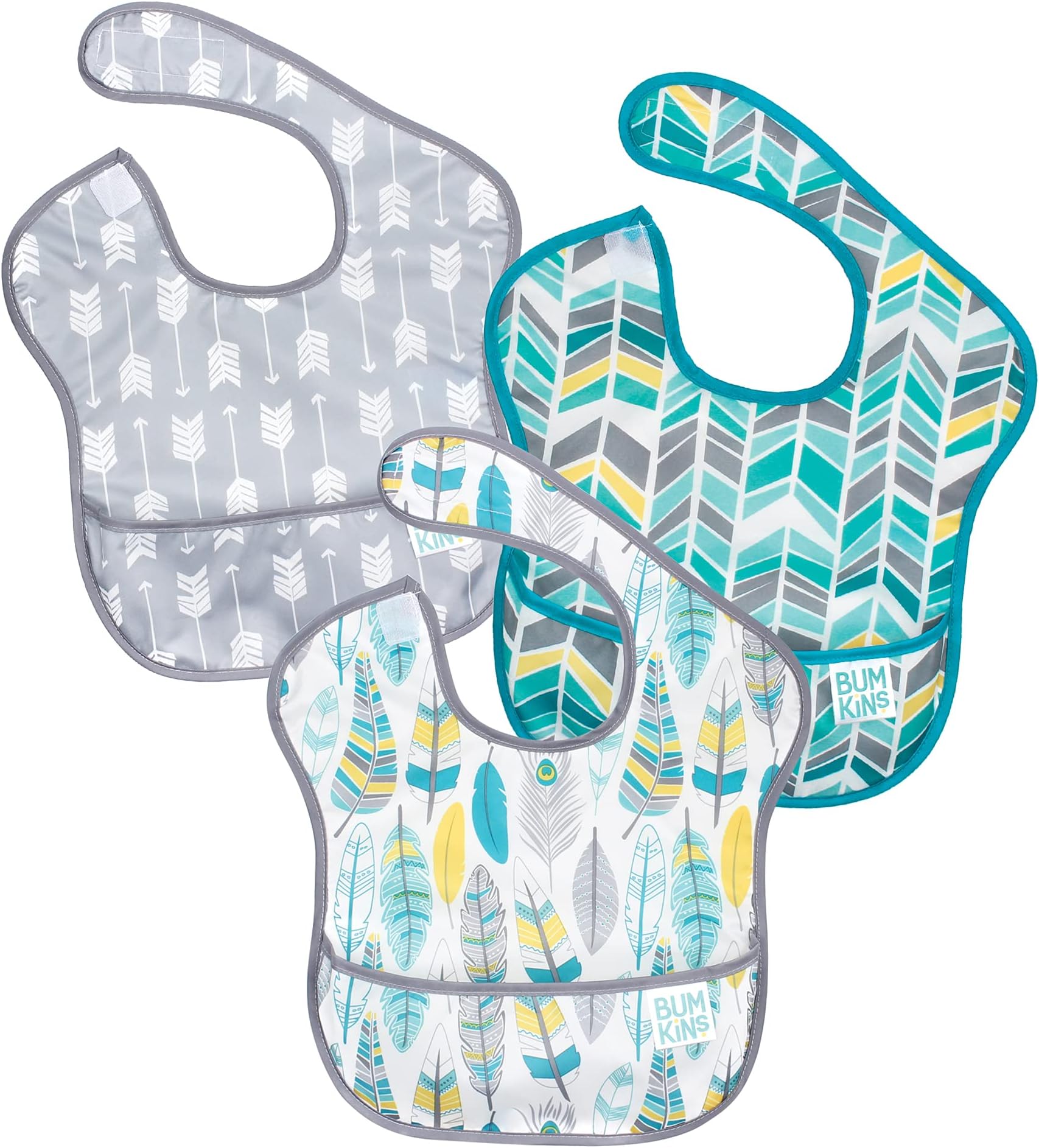 SuperBib, Adjustable Hook & Loop Closure, Catch-All Pocket, Baby-Led Weaning, Waterproof, Machine Washable, Stain & Odour Resistant, BPA Free, 6-24 Months, 3-Pack, Arrows, Feather, Quill