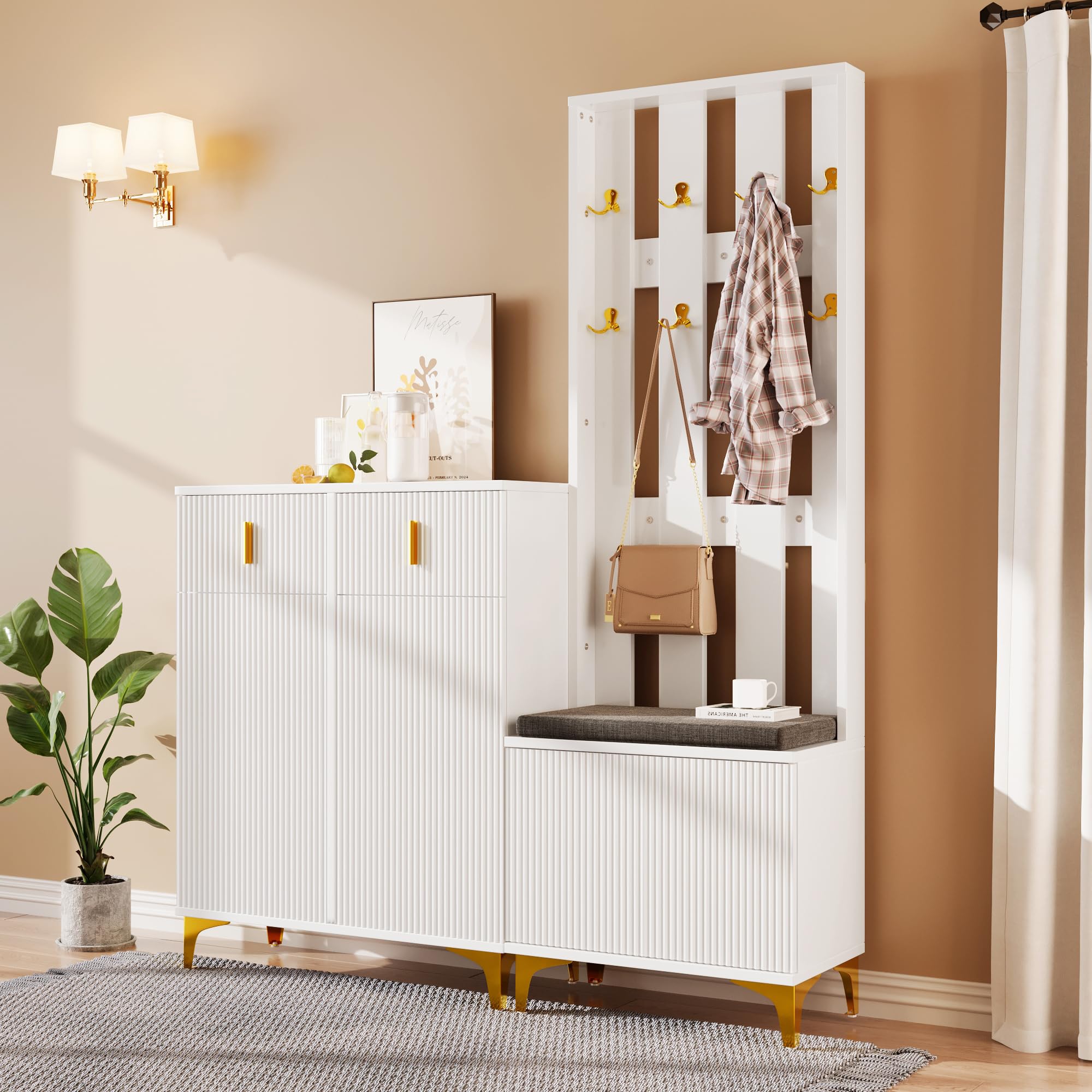 Garderobenset Wandgarderobe mit Schuhbank und Kissen, Schuhschrank Flurgarderobe, Kompaktgarderobe 143,2x180,5x35,2cm Weiß