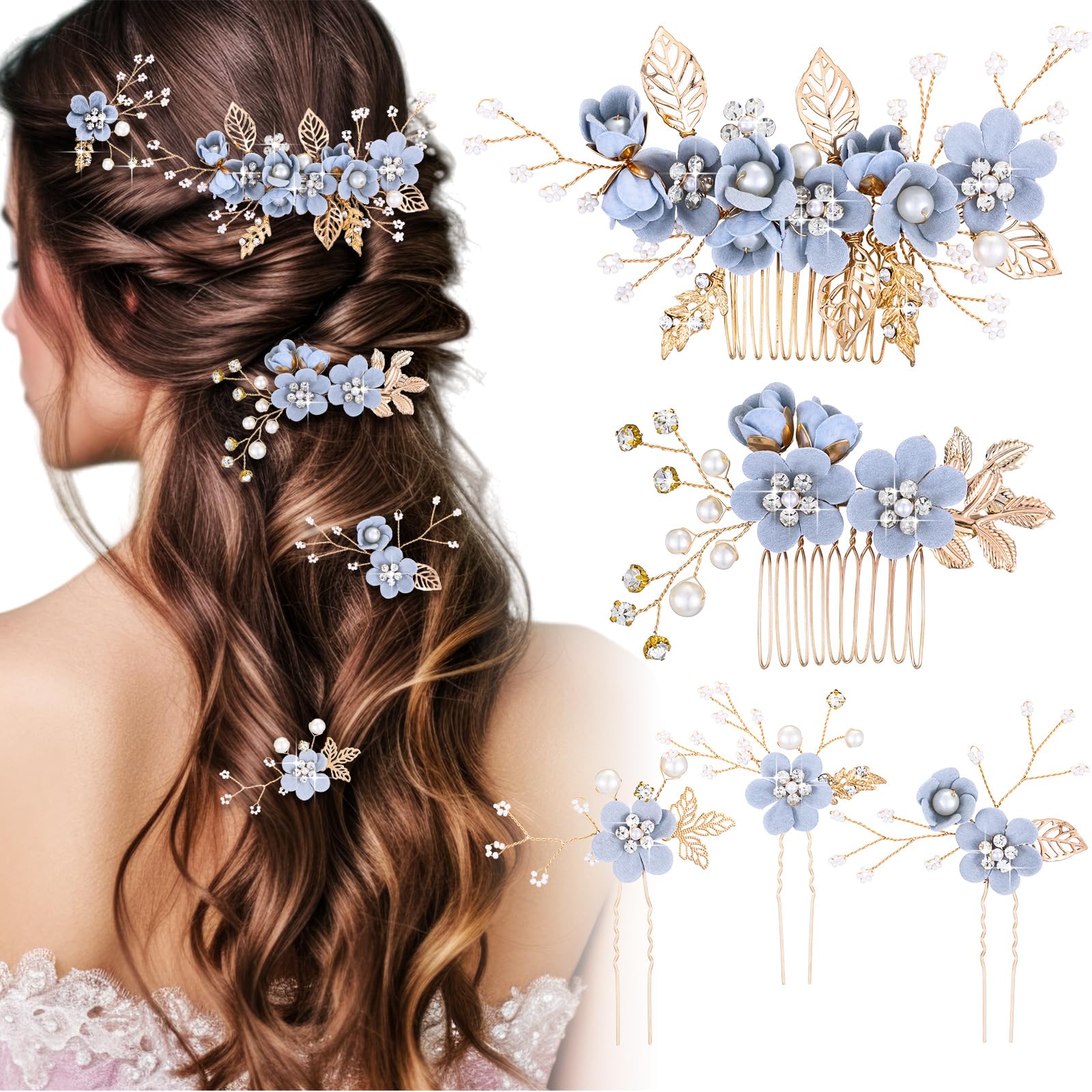 5 Pieces Wedding Hair Comb Bridal Hair Pins Crystal Pearl Accessories Rhinestone Flower Piece for Wedding Bride Women(Light Blue,Fresh Style)